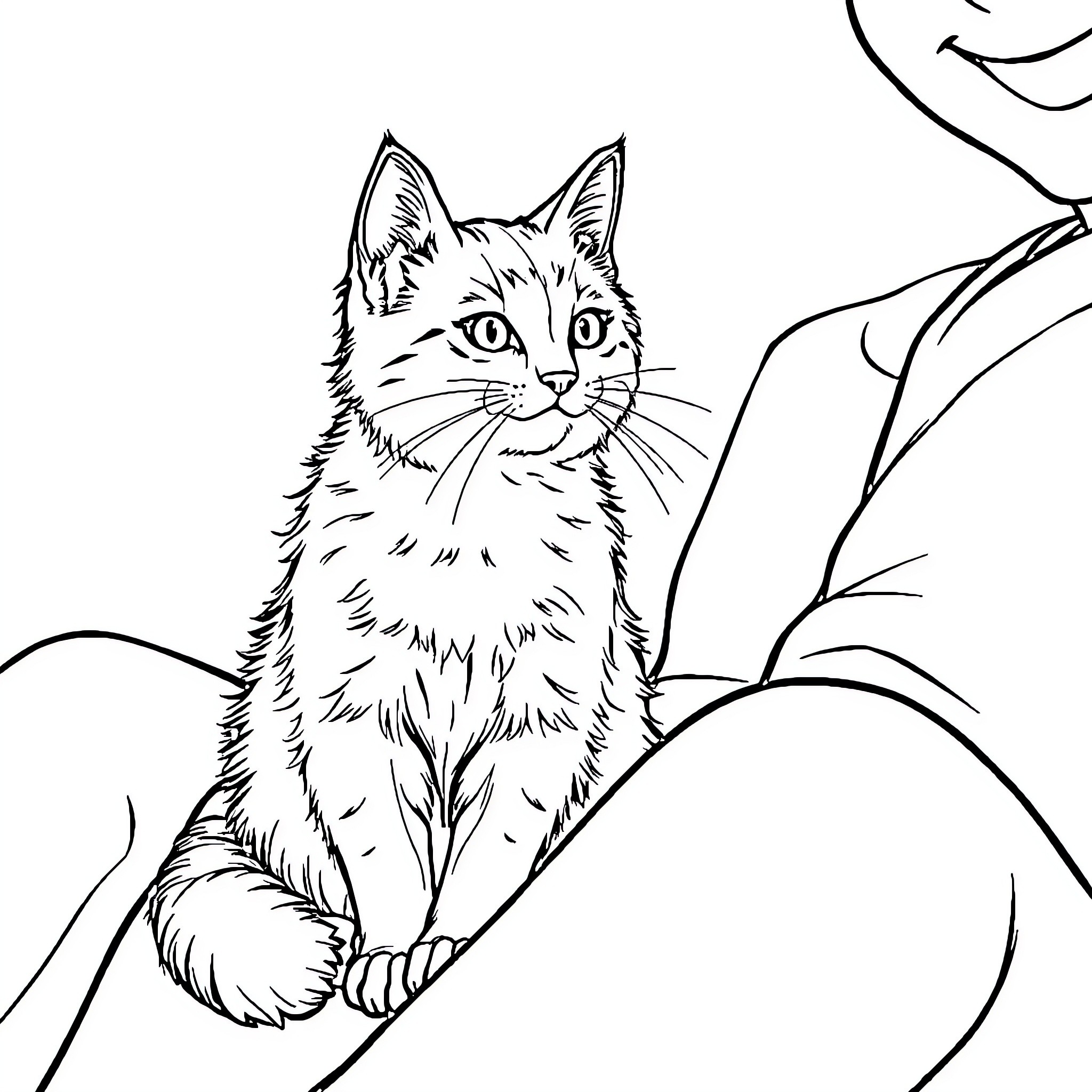 Cat sitting calmly on branch in nature Coloring Page (free black-and-white line drawing printable PDF for all, from beginners to advanced learners, including children, teens, adults, and seniors)