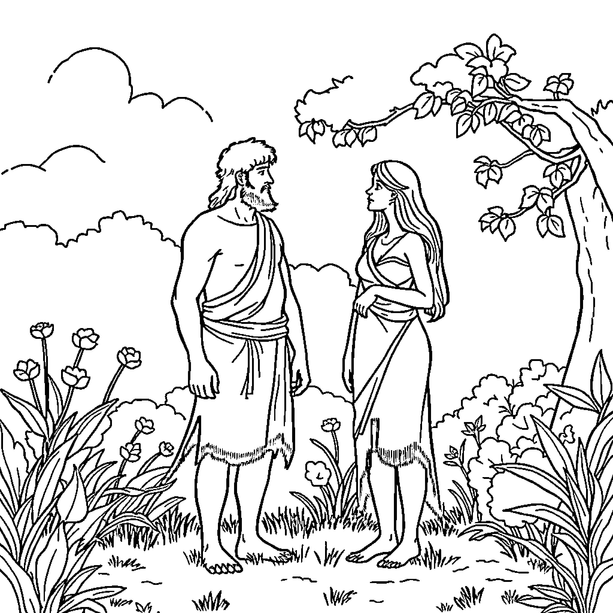 Adam and Eve talking in the garden Coloring Page (free black-and-white line drawing printable PDF for all, from beginners to advanced learners, including children, teens, adults, and seniors)