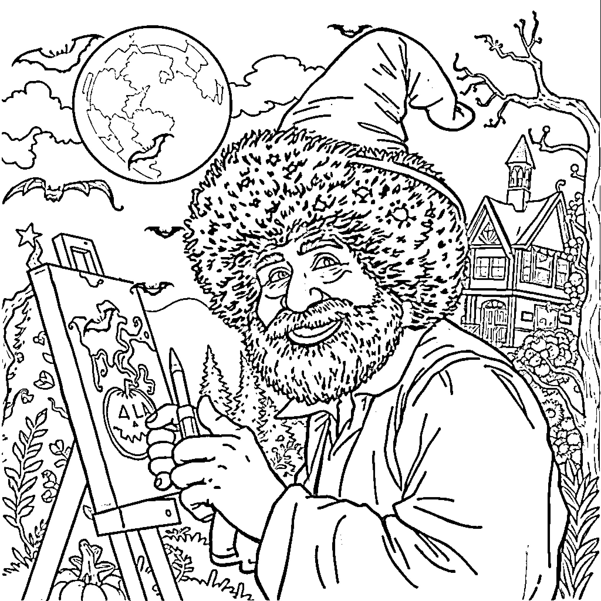 Bob Ross Painting Nature in the Moonlight Coloring Page (free black-and-white line drawing printable PDF for all, from beginners to advanced learners, including children, teens, adults, and seniors)