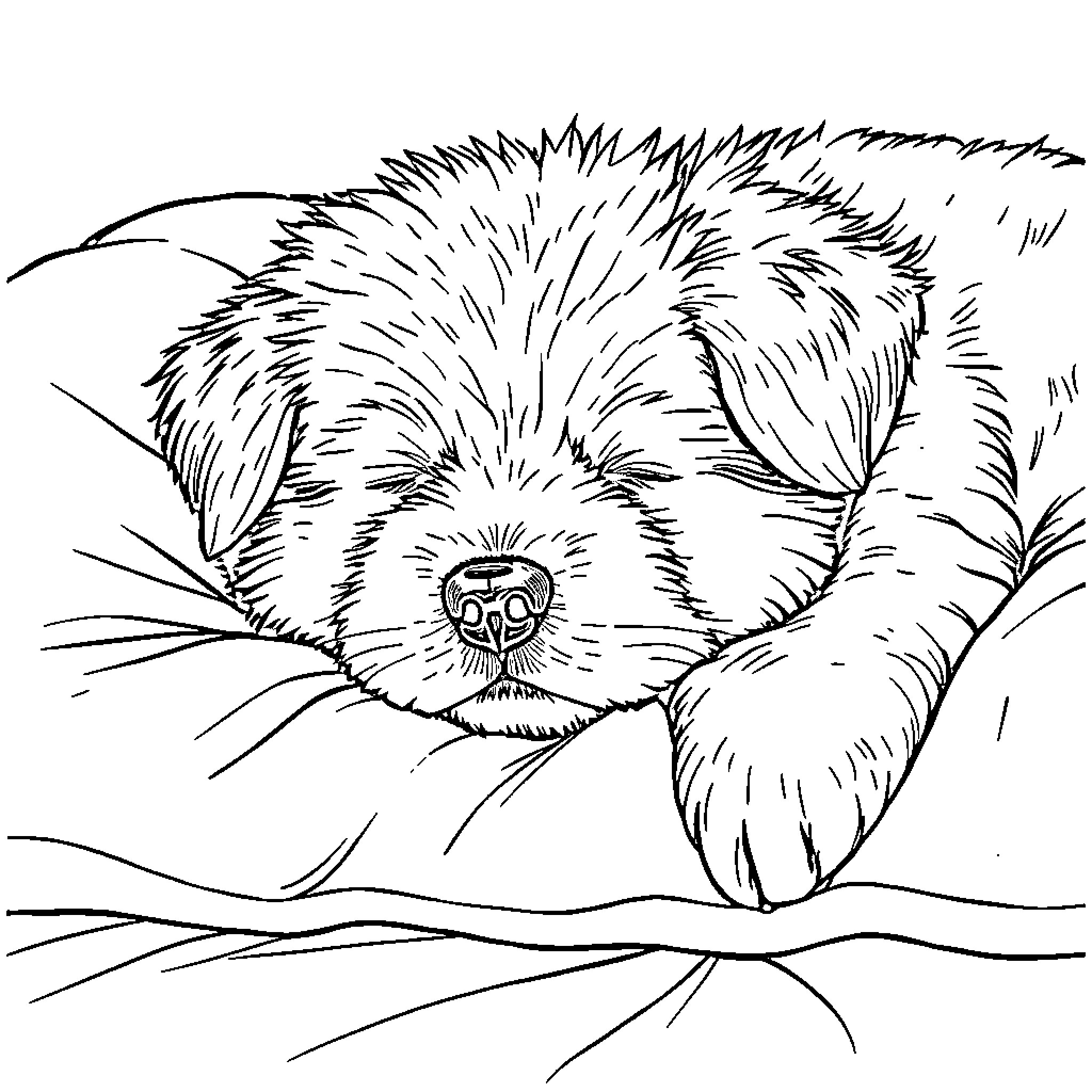 Dog resting in the wilderness Coloring Page (free black-and-white line drawing printable PDF for all, from beginners to advanced learners, including children, teens, adults, and seniors)