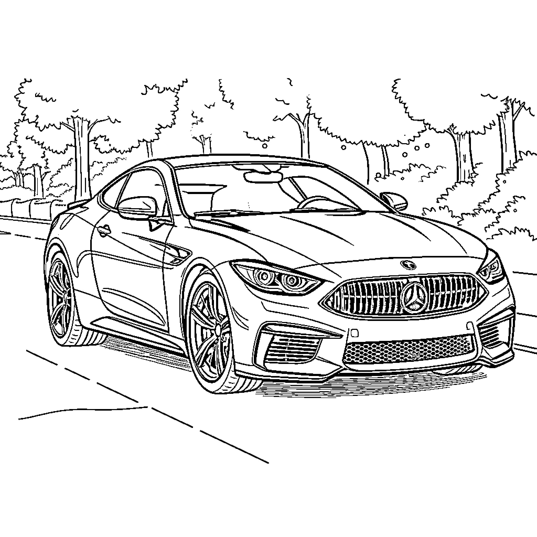 Car speeding on a countryside road Coloring Page (free black-and-white line drawing printable PDF for all, from beginners to advanced learners, including children, teens, adults, and seniors)
