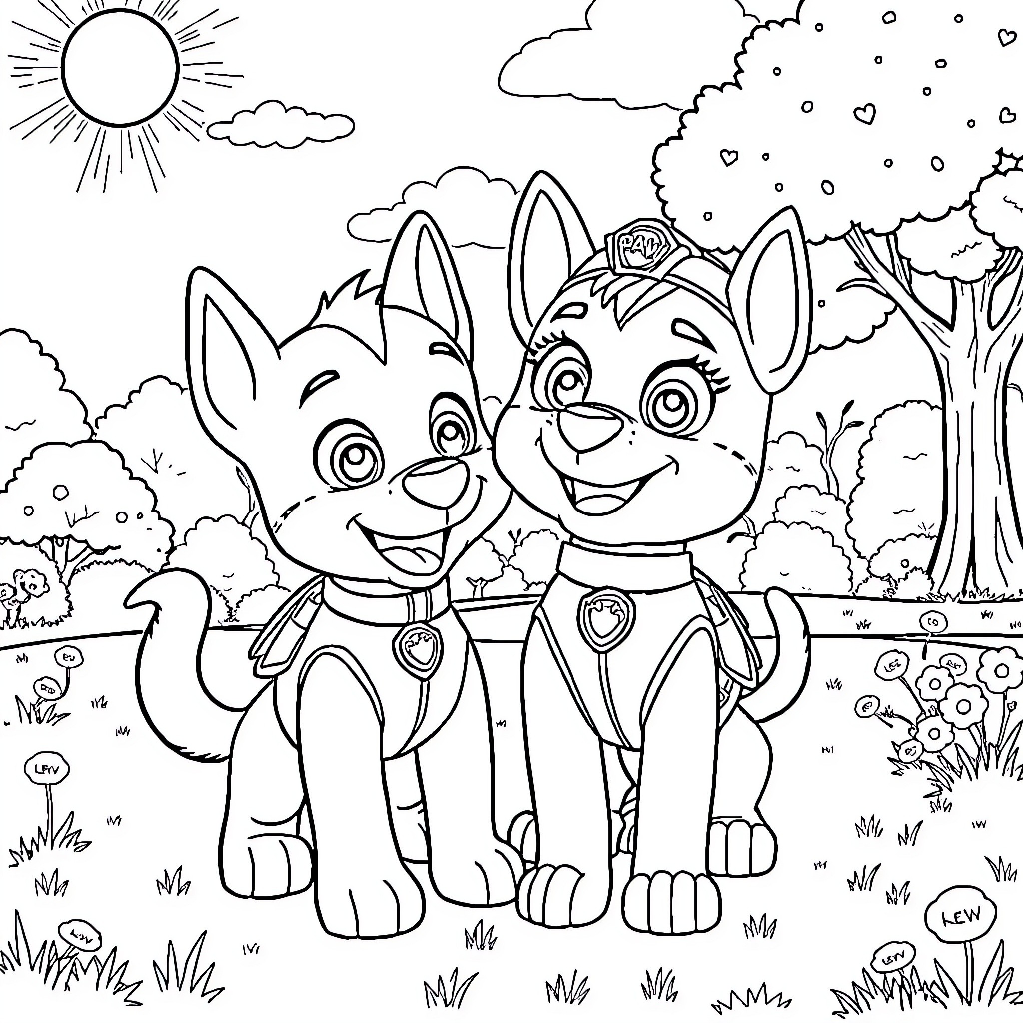 Bluey and Bingo Playing Happily in the Park Coloring Page (free black-and-white line drawing printable PDF for all, from beginners to advanced learners, including children, teens, adults, and seniors)