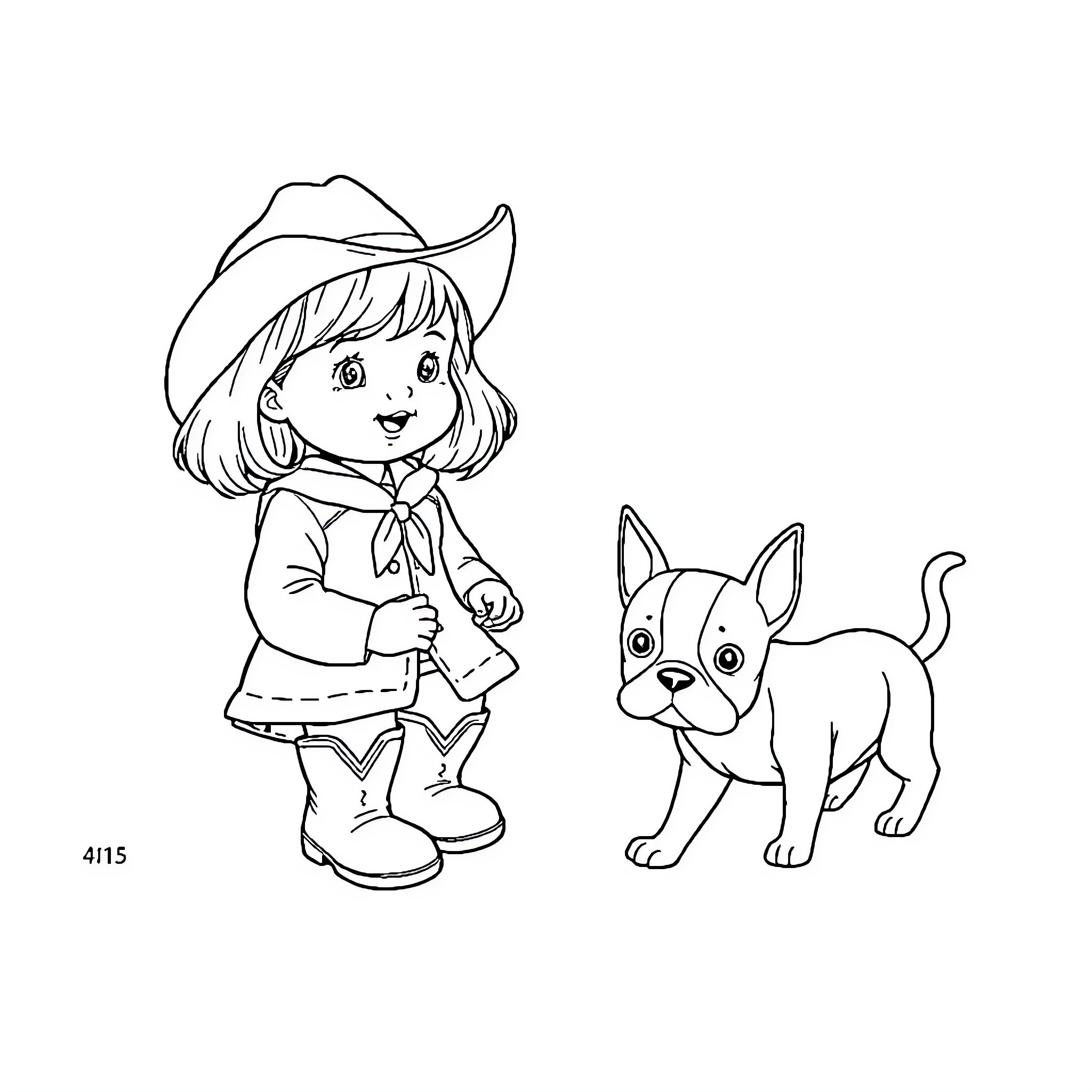Baby cowgirl and her puppy companion Coloring Page (free black-and-white line drawing printable PDF for all, from beginners to advanced learners, including children, teens, adults, and seniors)