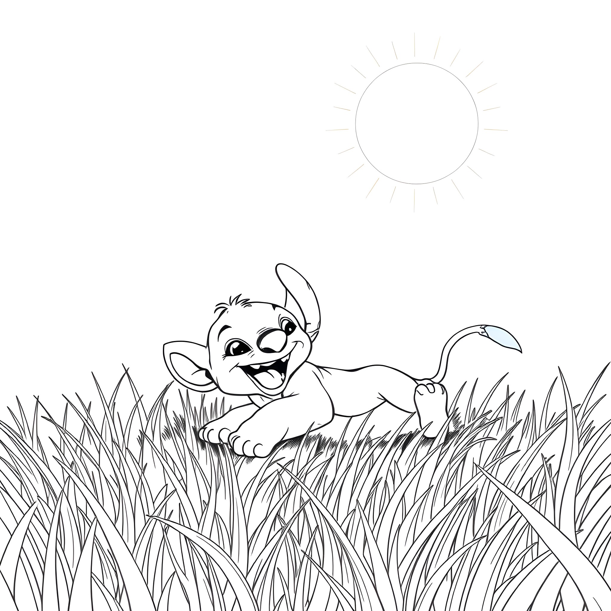 Lion cub playing cheerfully in tall grass Coloring Page (free black-and-white line drawing printable PDF for all, from beginners to advanced learners, including children, teens, adults, and seniors)
