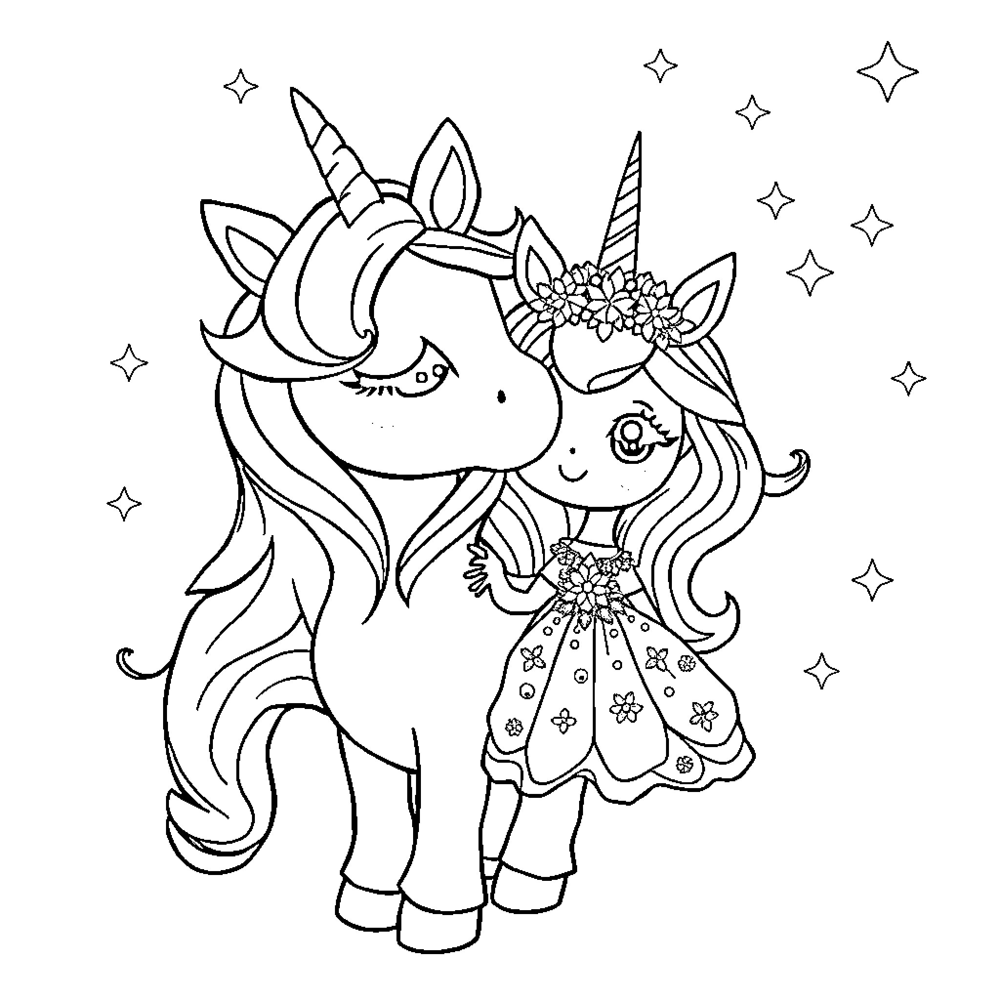 Unicorn friends enjoying a magical evening Coloring Page (free black-and-white line drawing printable PDF for all, from beginners to advanced learners, including children, teens, adults, and seniors)