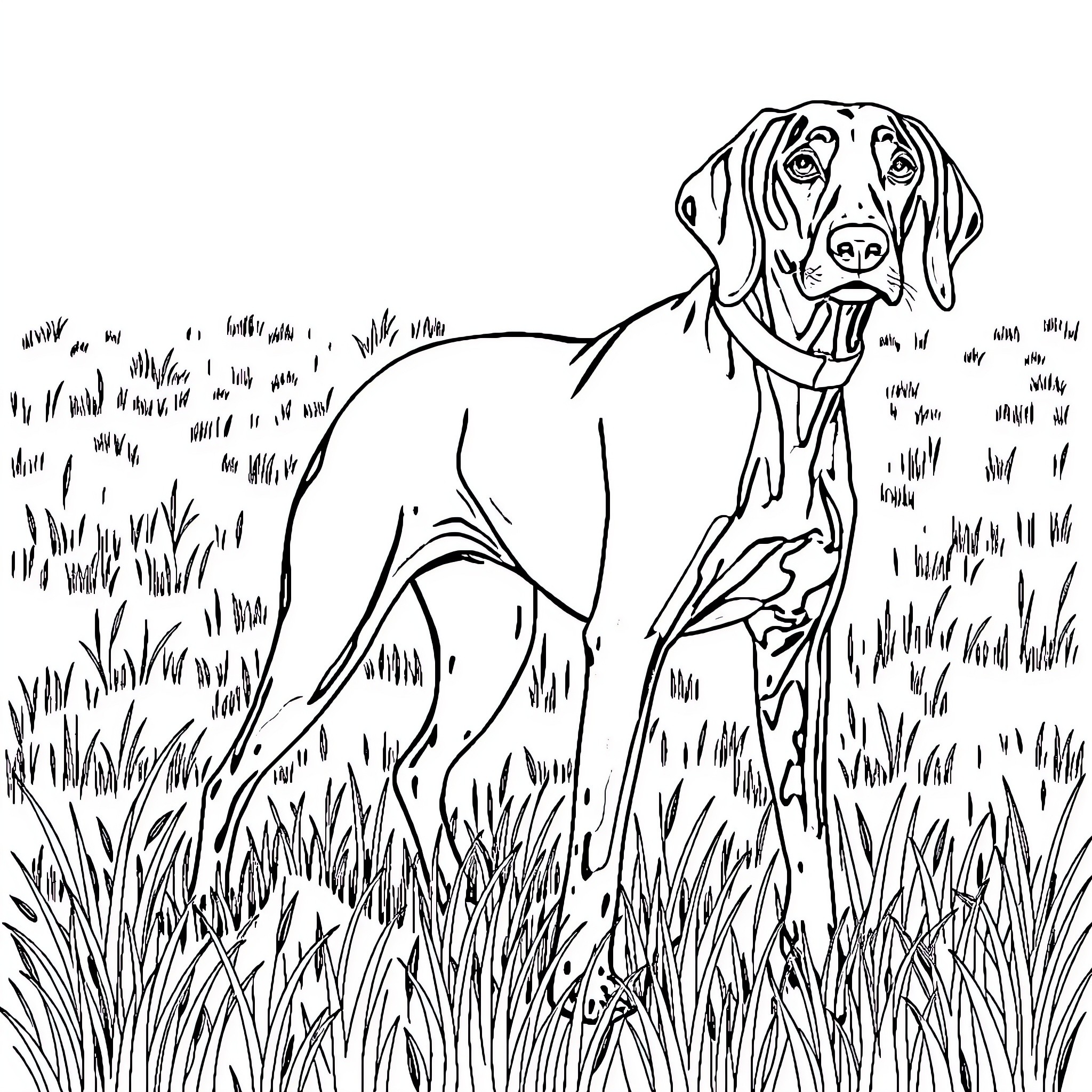 German Shorthaired Pointer exploring the grassy field Coloring Page (free black-and-white line drawing printable PDF for all, from beginners to advanced learners, including children, teens, adults, and seniors)
