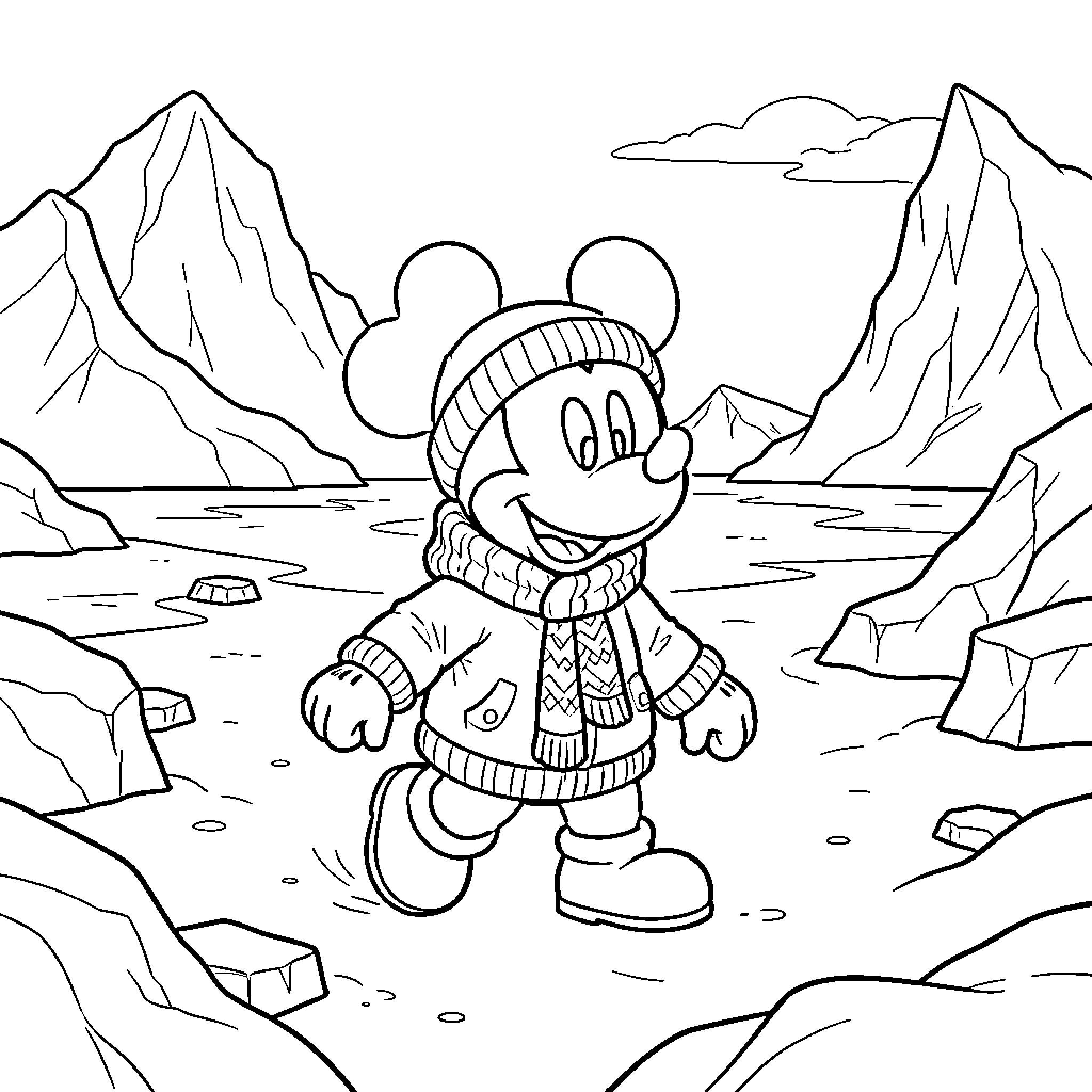 Mickey Mouse wearing winter clothes in a snowy landscape Coloring Page (free black-and-white line drawing printable PDF for all, from beginners to advanced learners, including children, teens, adults, and seniors)