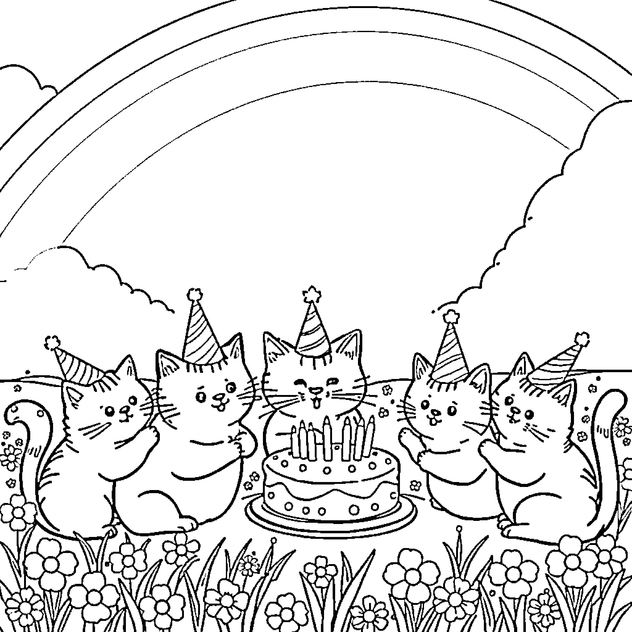 Cats celebrating birthday with cake and party hats Coloring Page (free black-and-white line drawing printable PDF for all, from beginners to advanced learners, including children, teens, adults, and seniors)