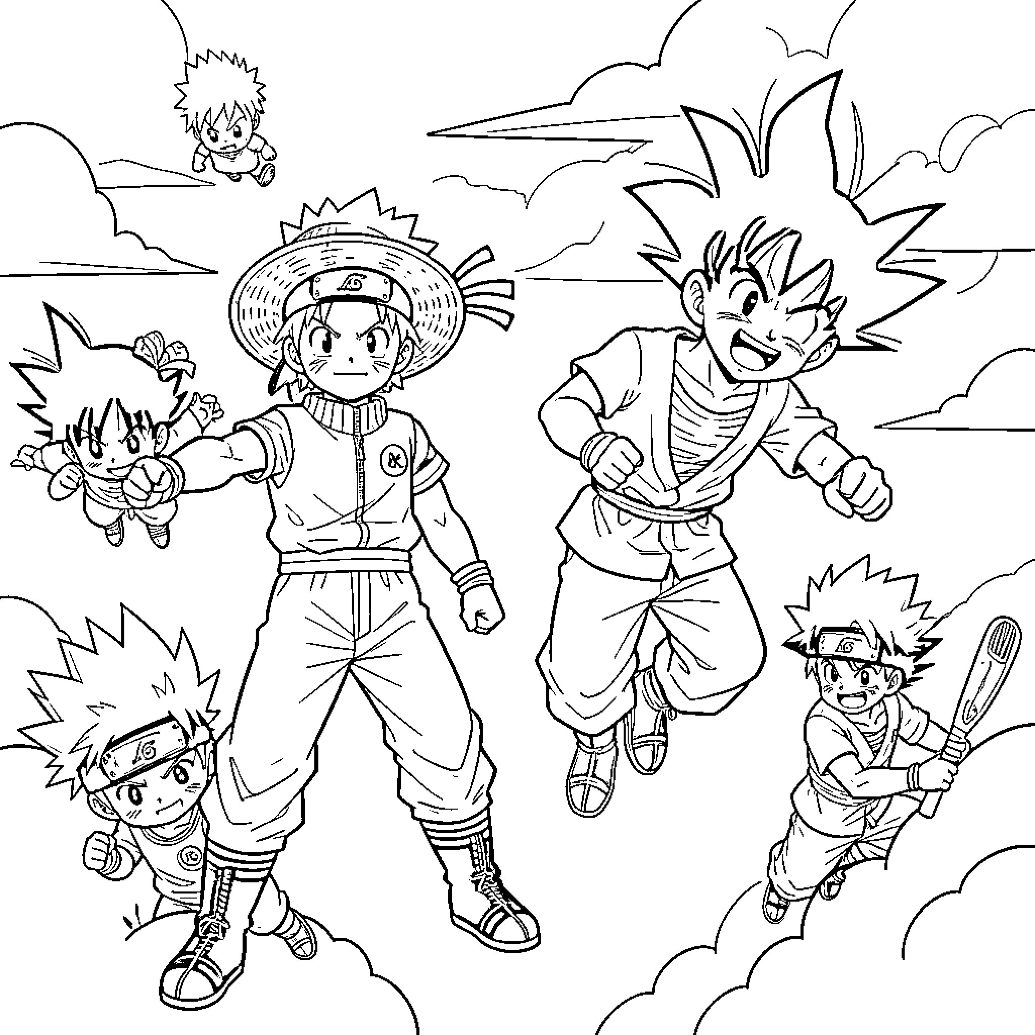 Anime Heroes in Action Adventure Scene Coloring Page (free black-and-white line drawing printable PDF for all, from beginners to advanced learners, including children, teens, adults, and seniors)