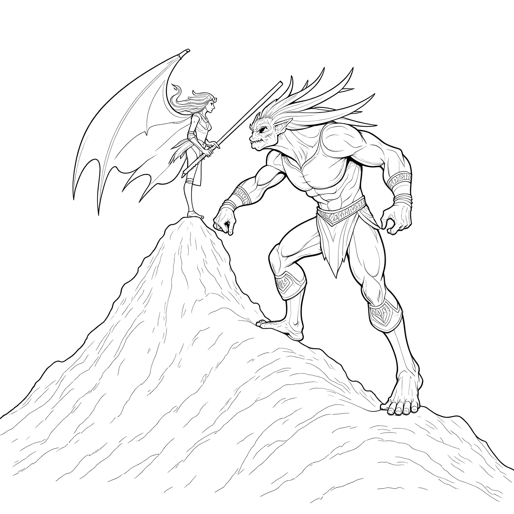 Elf warrior battling a winged creature on a cliff Coloring Page (free black-and-white line drawing printable PDF for all, from beginners to advanced learners, including children, teens, adults, and seniors)