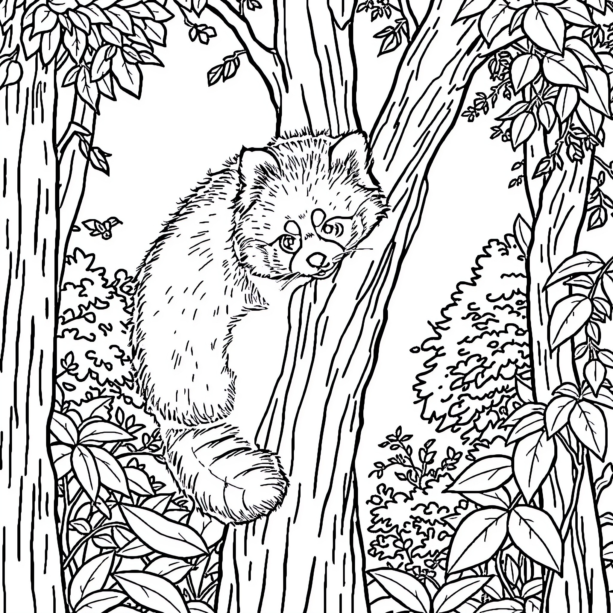 Panda hiding in the lush forest Coloring Page (free black-and-white line drawing printable PDF for all, from beginners to advanced learners, including children, teens, adults, and seniors)