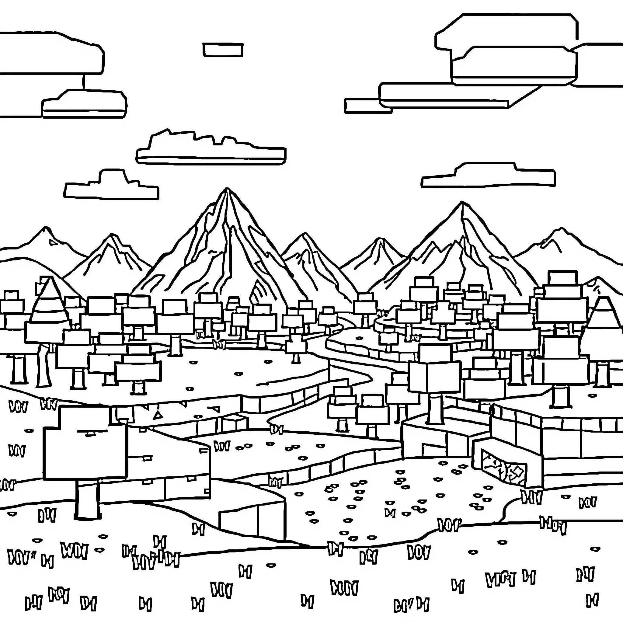Minecraft Mountain Village and Landscape Coloring Page (free black-and-white line drawing printable PDF for all, from beginners to advanced learners, including children, teens, adults, and seniors)
