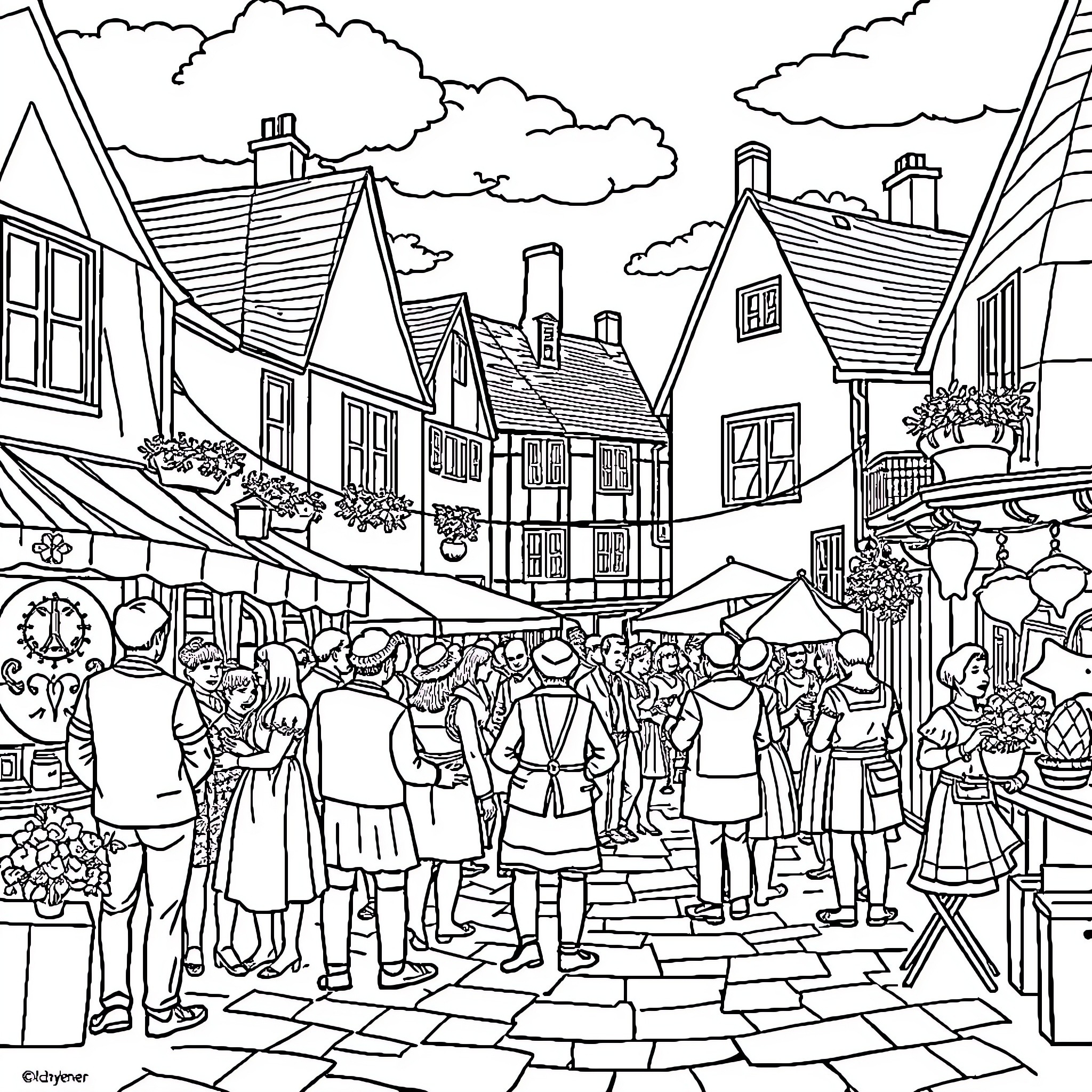 Heart of the Town Market Scene Coloring Page (free black-and-white line drawing printable PDF for all, from beginners to advanced learners, including children, teens, adults, and seniors)