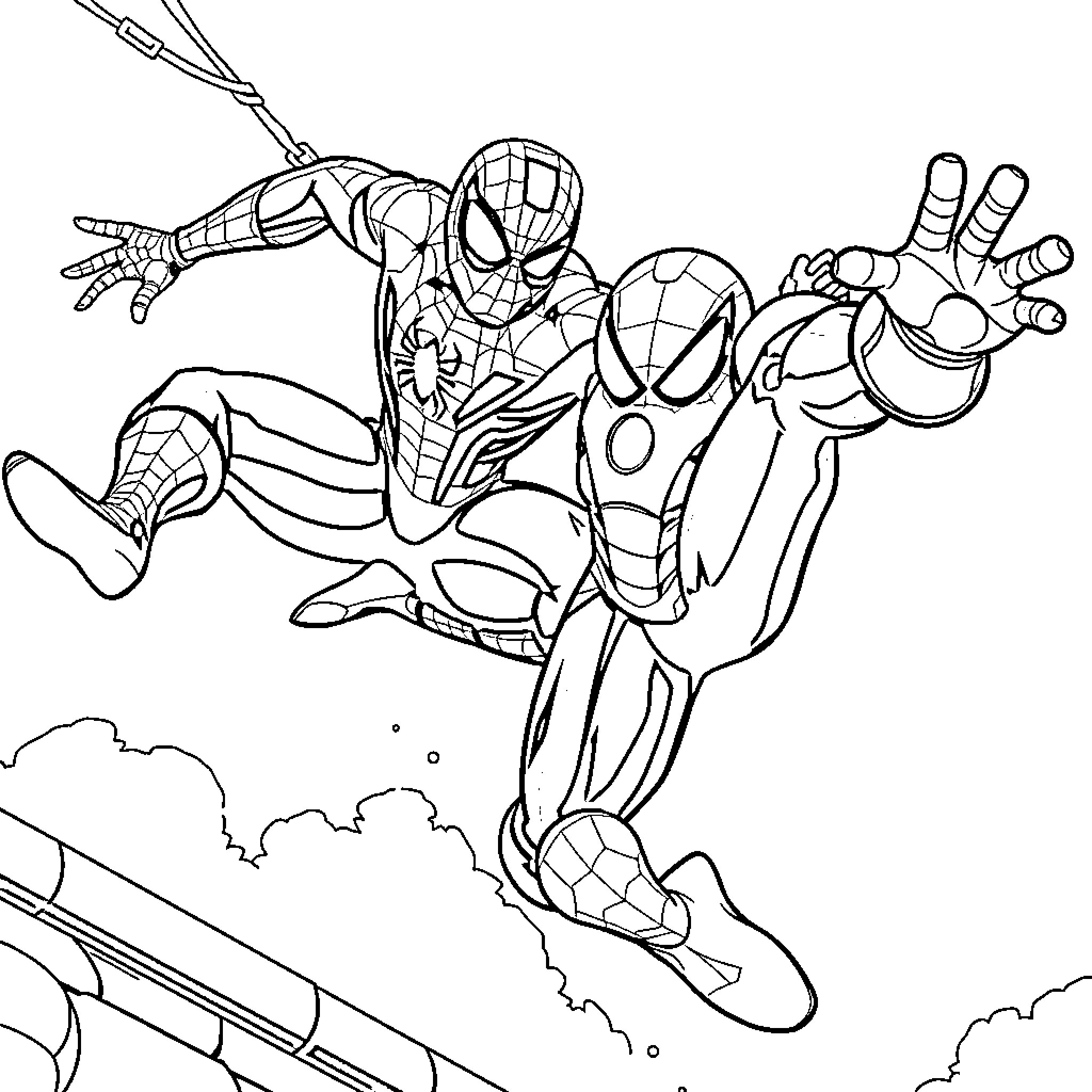 Spiderman swinging through the city in action pose Coloring Page (free black-and-white line drawing printable PDF for all, from beginners to advanced learners, including children, teens, adults, and seniors)