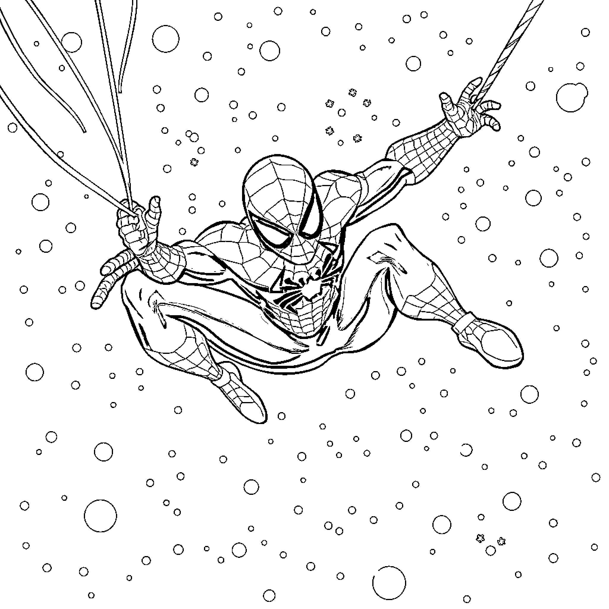 Spider-Man swinging through the snowy night Coloring Page (free black-and-white line drawing printable PDF for all, from beginners to advanced learners, including children, teens, adults, and seniors)