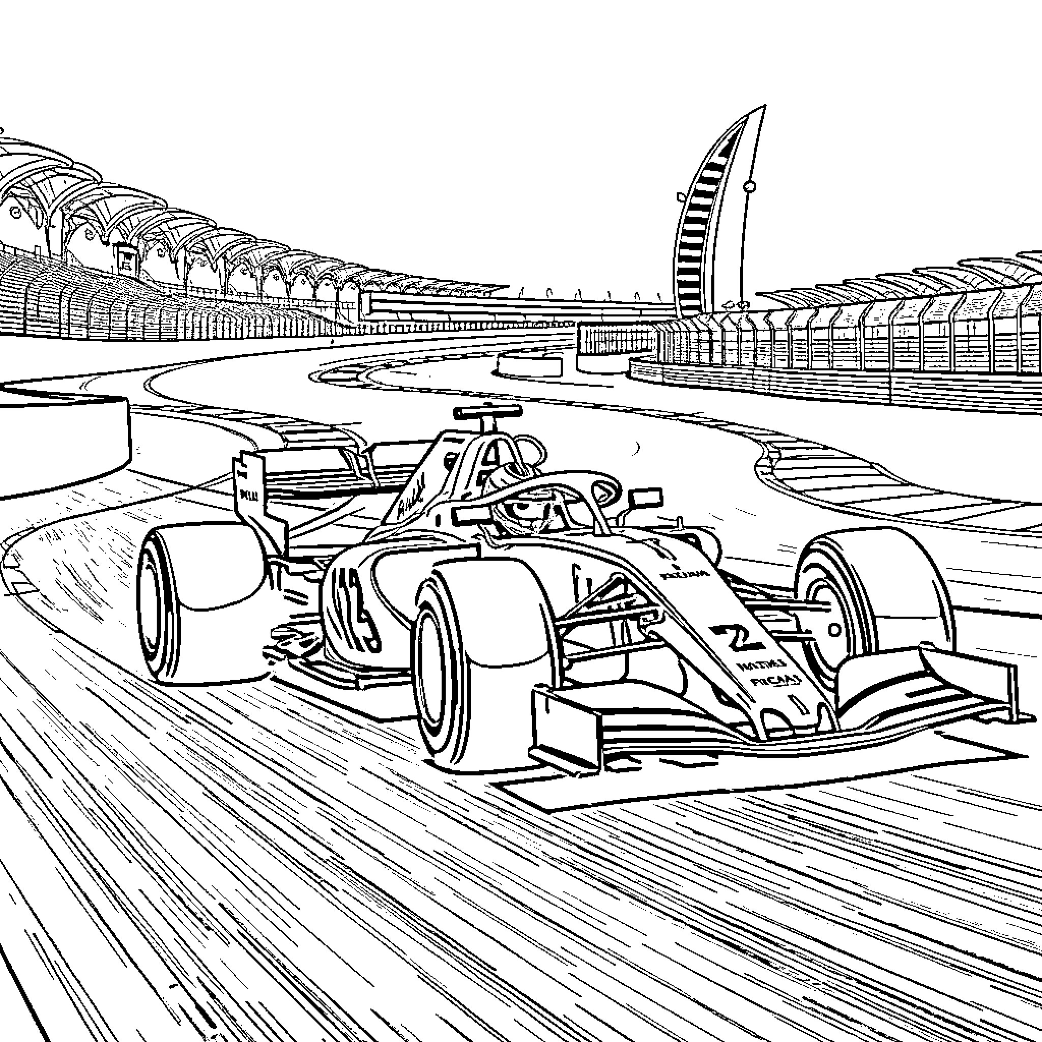 F1 Driver racing on high-speed circuit Coloring Page (free black-and-white line drawing printable PDF for all, from beginners to advanced learners, including children, teens, adults, and seniors)