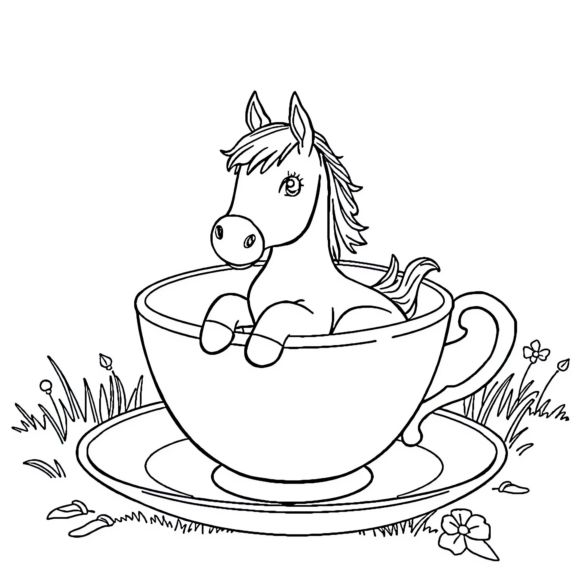 Horse relaxing in a teacup with flowers Coloring Page (free black-and-white line drawing printable PDF for all, from beginners to advanced learners, including children, teens, adults, and seniors)