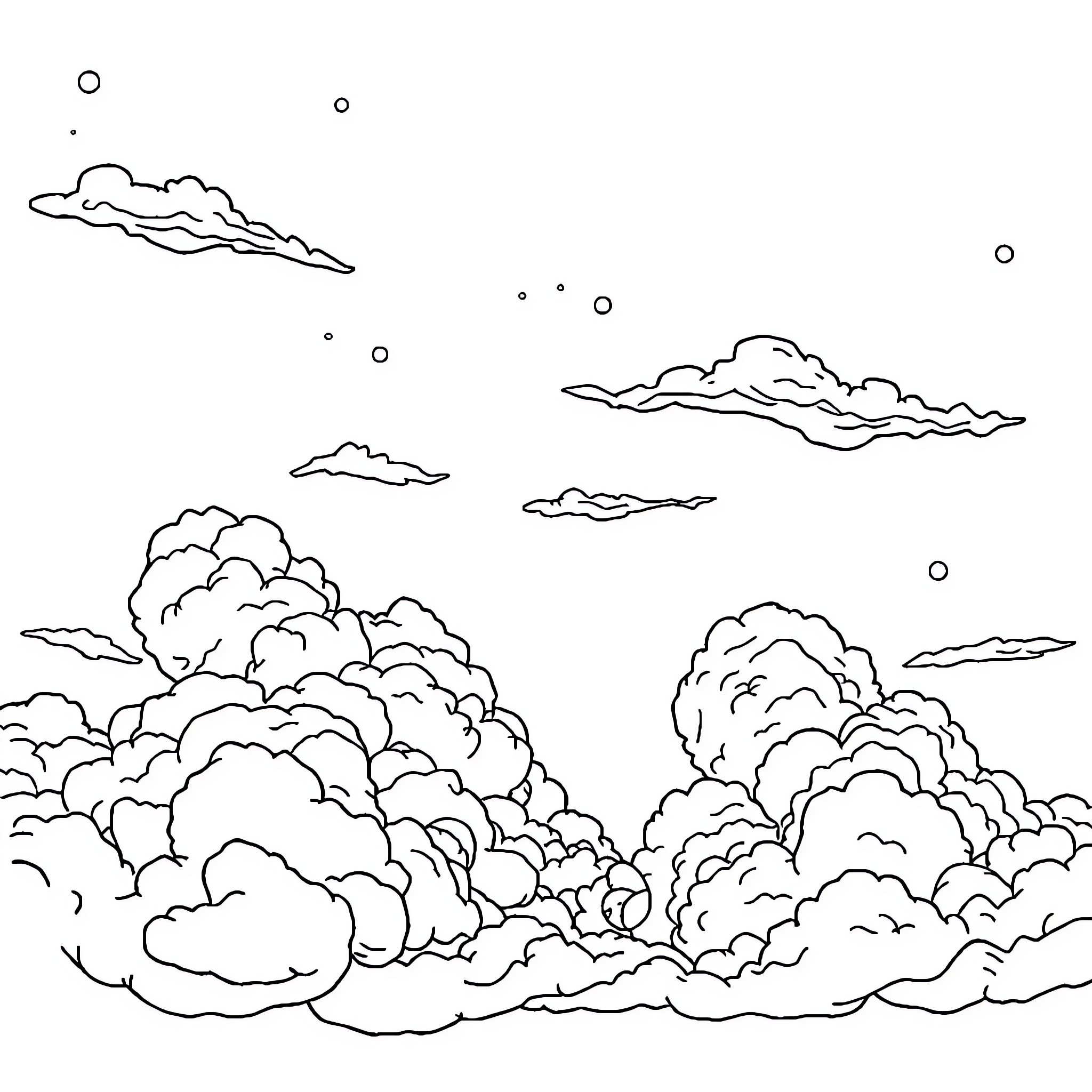 Sky filled with puffy cloud formations Coloring Page (free black-and-white line drawing printable PDF for all, from beginners to advanced learners, including children, teens, adults, and seniors)