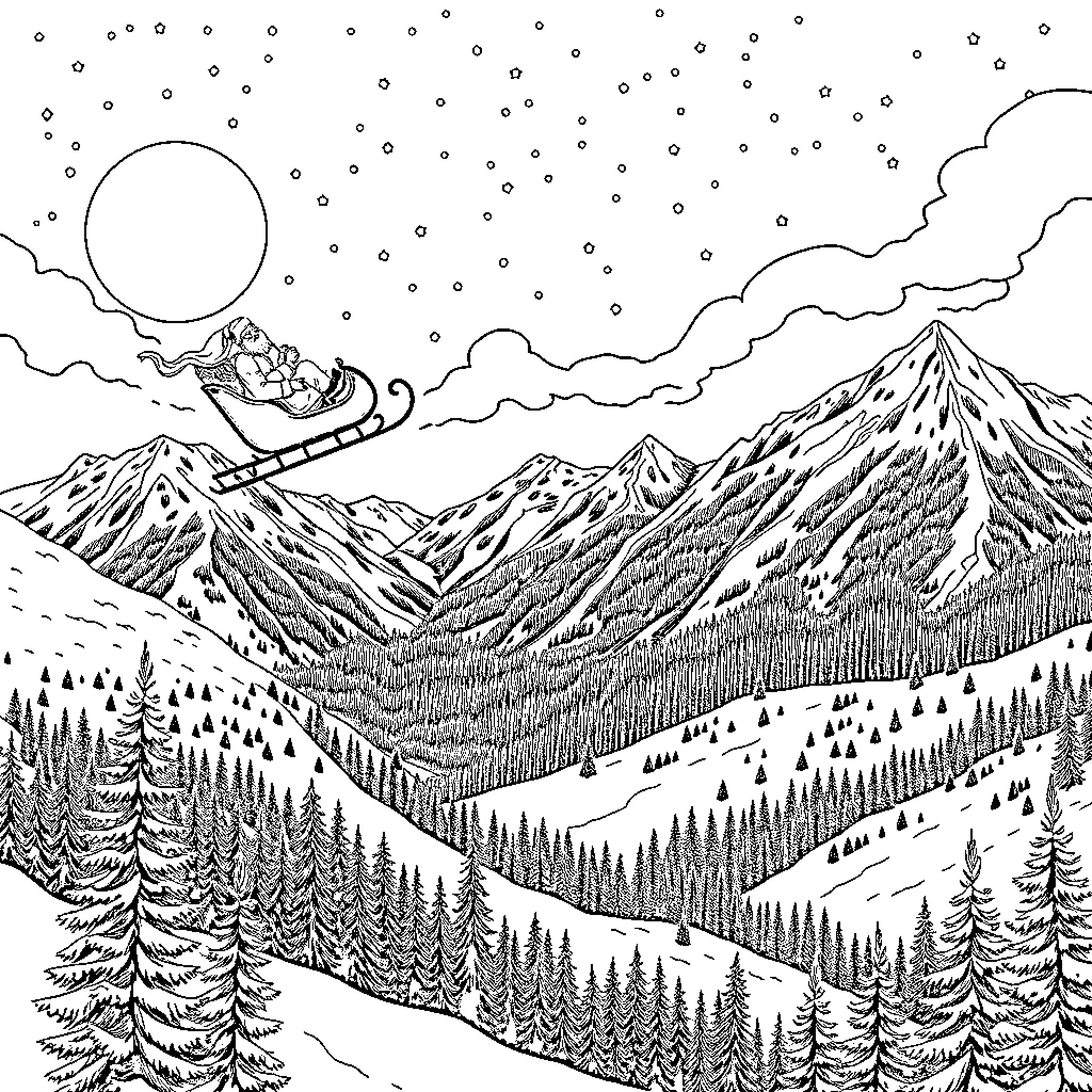 Sleigh gliding through snowy mountain landscape Coloring Page (free black-and-white line drawing printable PDF for all, from beginners to advanced learners, including children, teens, adults, and seniors)