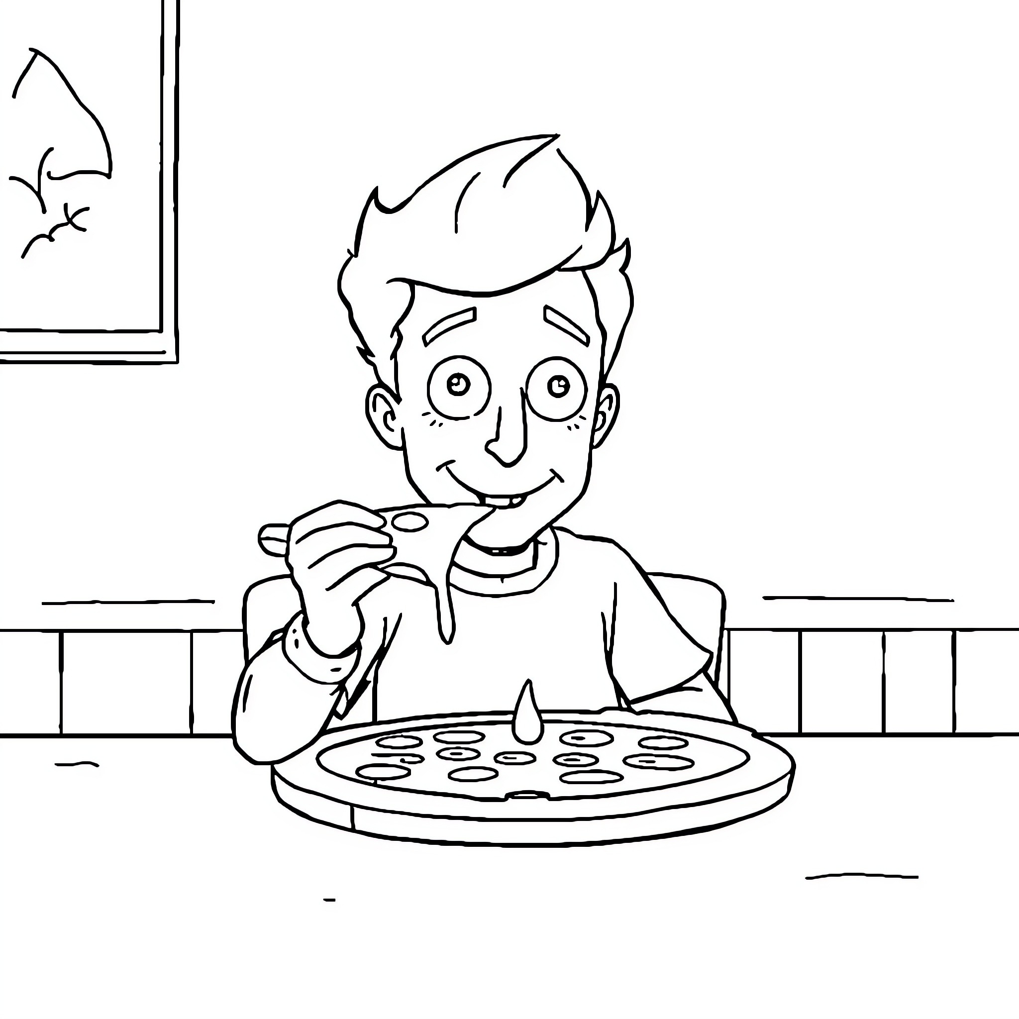 Sheldon enjoying a delicious pizza Coloring Page (free black-and-white line drawing printable PDF for all, from beginners to advanced learners, including children, teens, adults, and seniors)