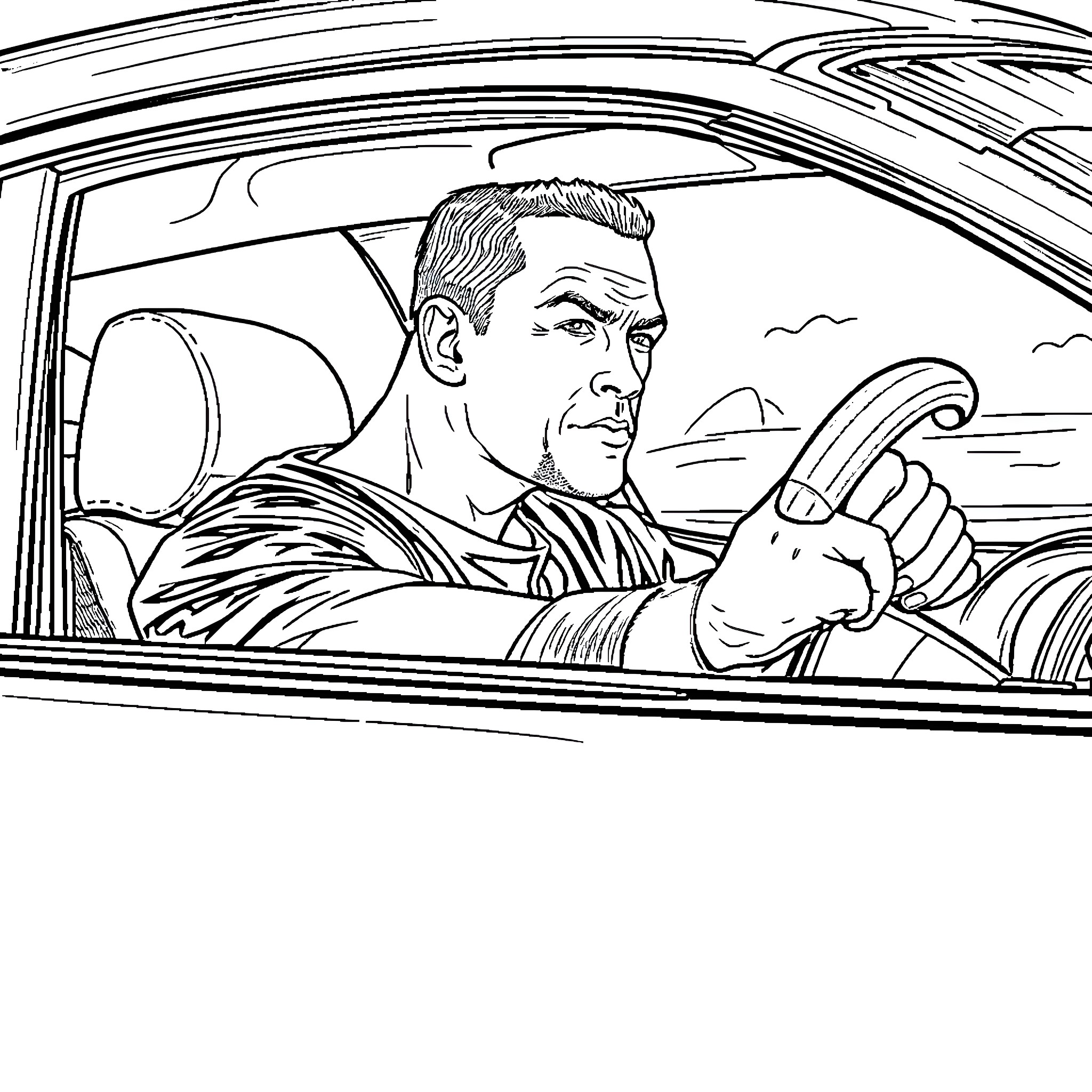 John Cena driving a car Coloring Page (free black-and-white line drawing printable PDF for all, from beginners to advanced learners, including children, teens, adults, and seniors)