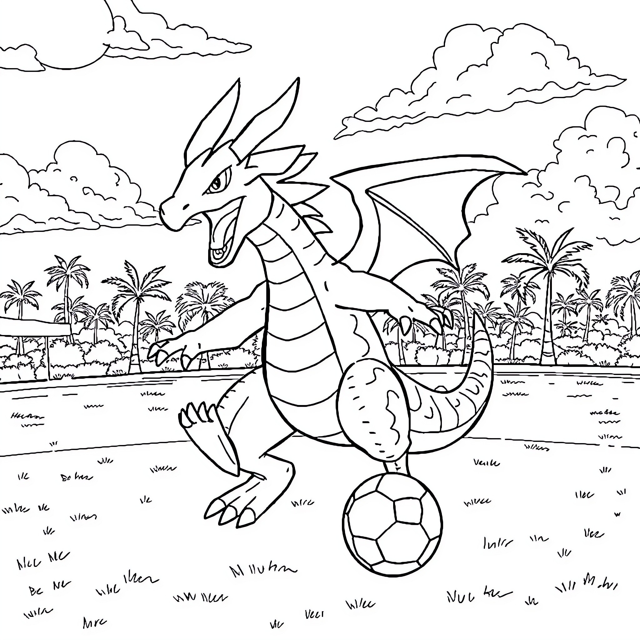 Hydreigon playing with a soccer ball in a tropical setting Coloring Page (free black-and-white line drawing printable PDF for all, from beginners to advanced learners, including children, teens, adults, and seniors)