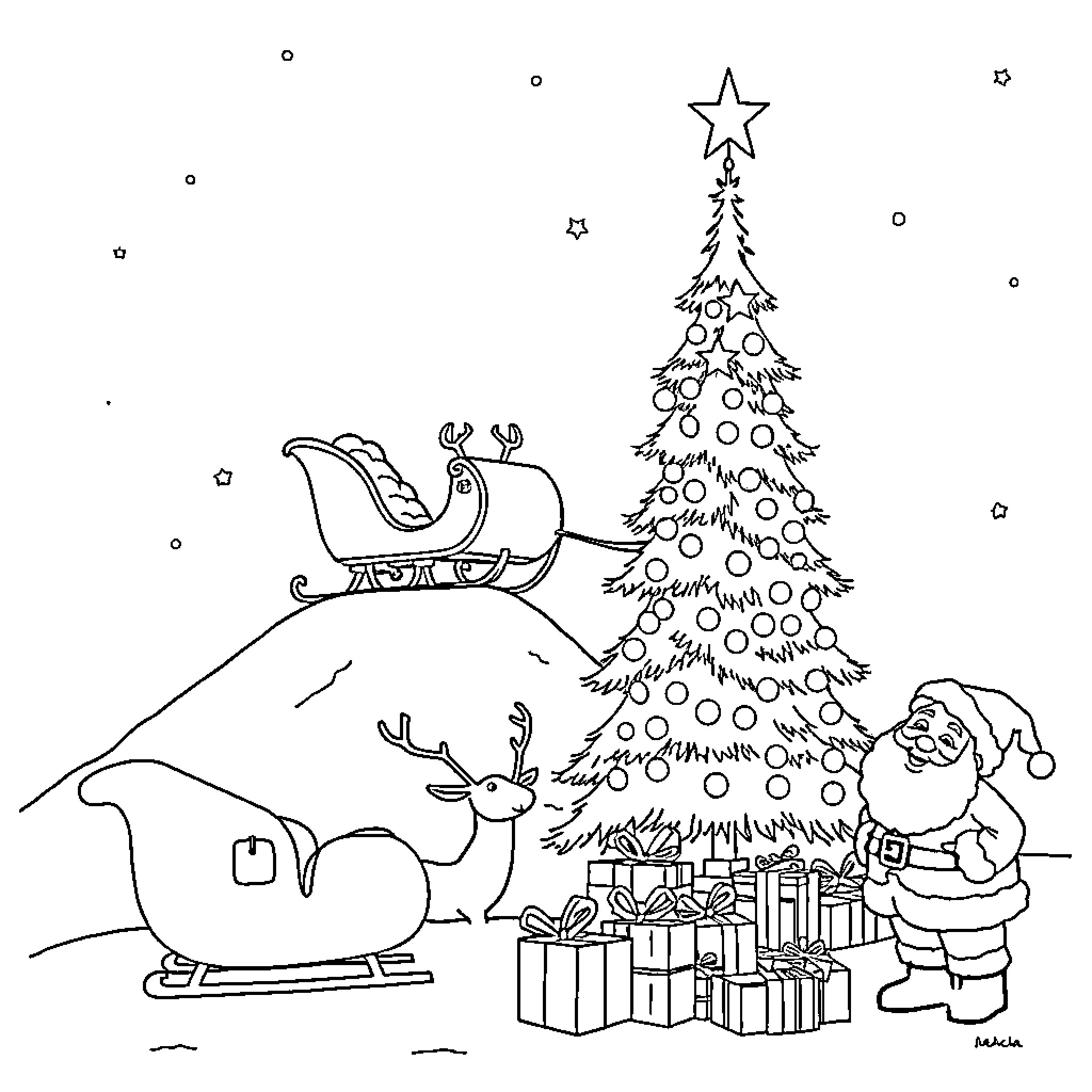 Santa's Christmas Scene with Sleigh, Tree, and Gifts Coloring Page (free black-and-white line drawing printable PDF for all, from beginners to advanced learners, including children, teens, adults, and seniors)