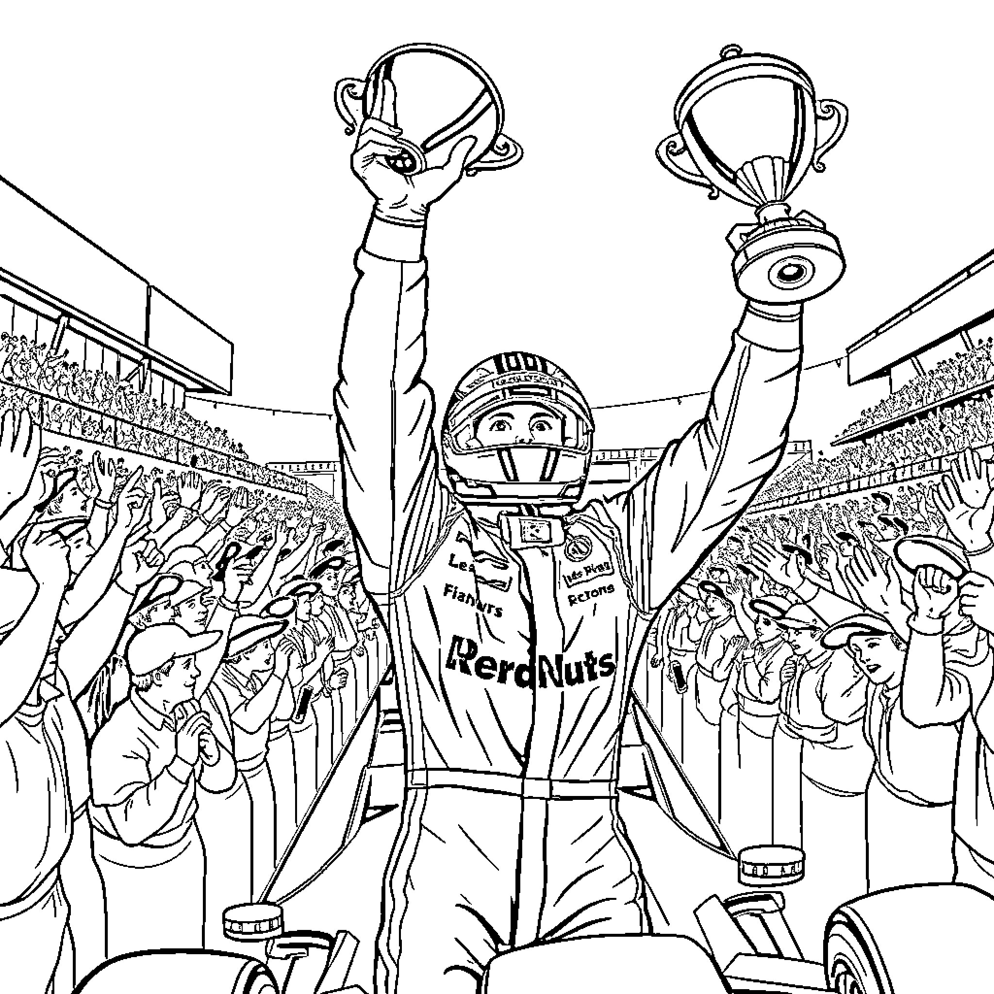 F1 Driver Celebrates Victory on the Podium Coloring Page (free black-and-white line drawing printable PDF for all, from beginners to advanced learners, including children, teens, adults, and seniors)