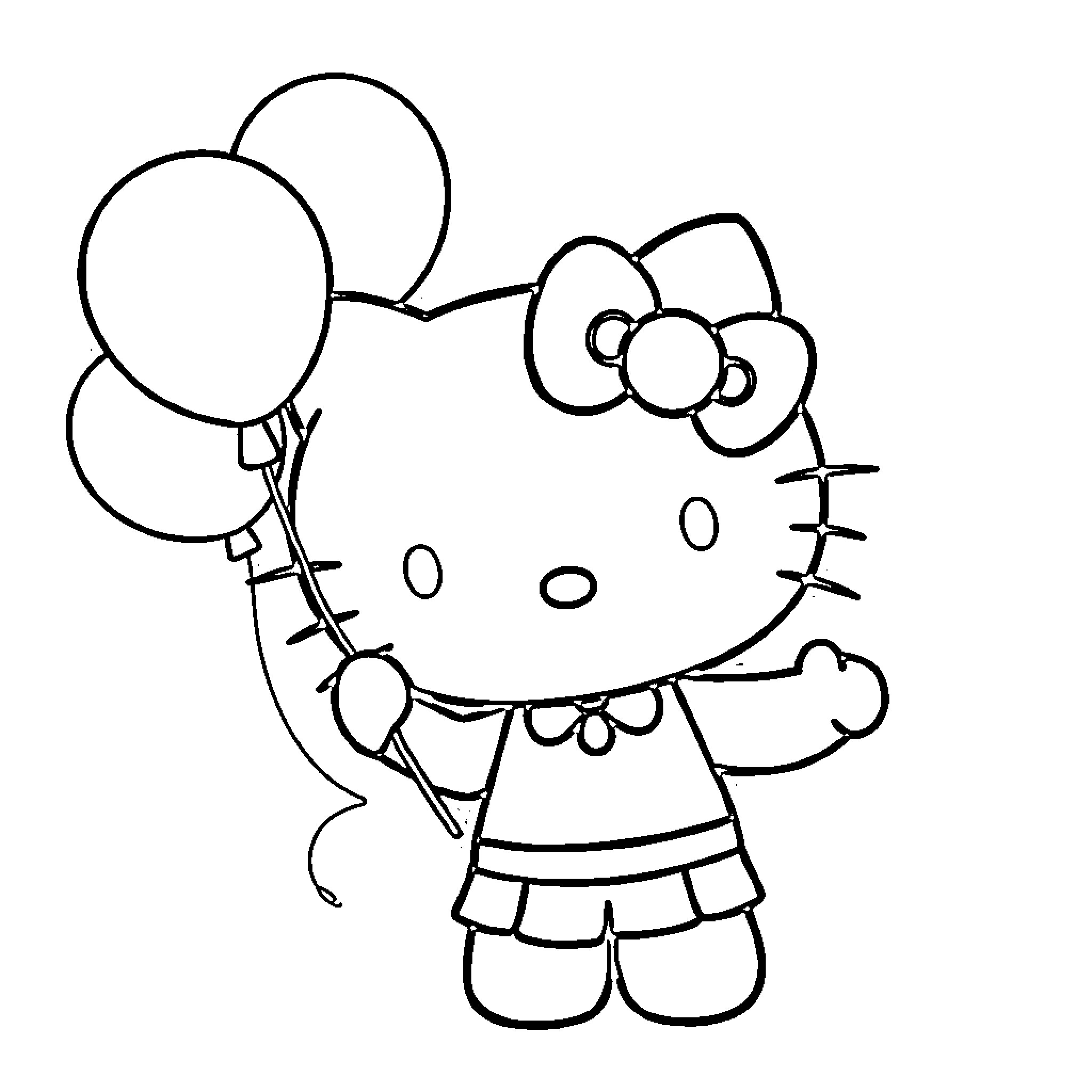 Hello Kitty holding balloons happily Coloring Page (free black-and-white line drawing printable PDF for all, from beginners to advanced learners, including children, teens, adults, and seniors)