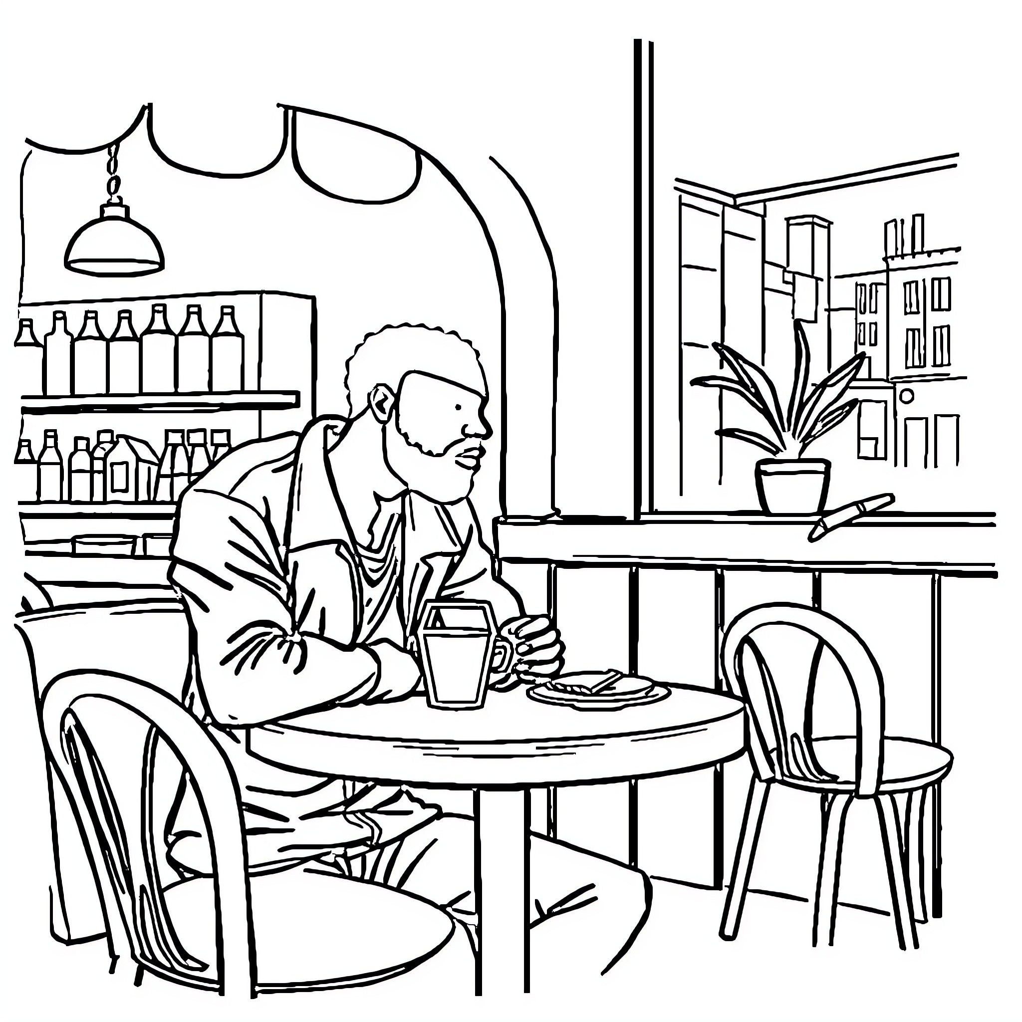 African Man Enjoying Coffee in Cozy Cafe Coloring Page (free black-and-white line drawing printable PDF for all, from beginners to advanced learners, including children, teens, adults, and seniors)