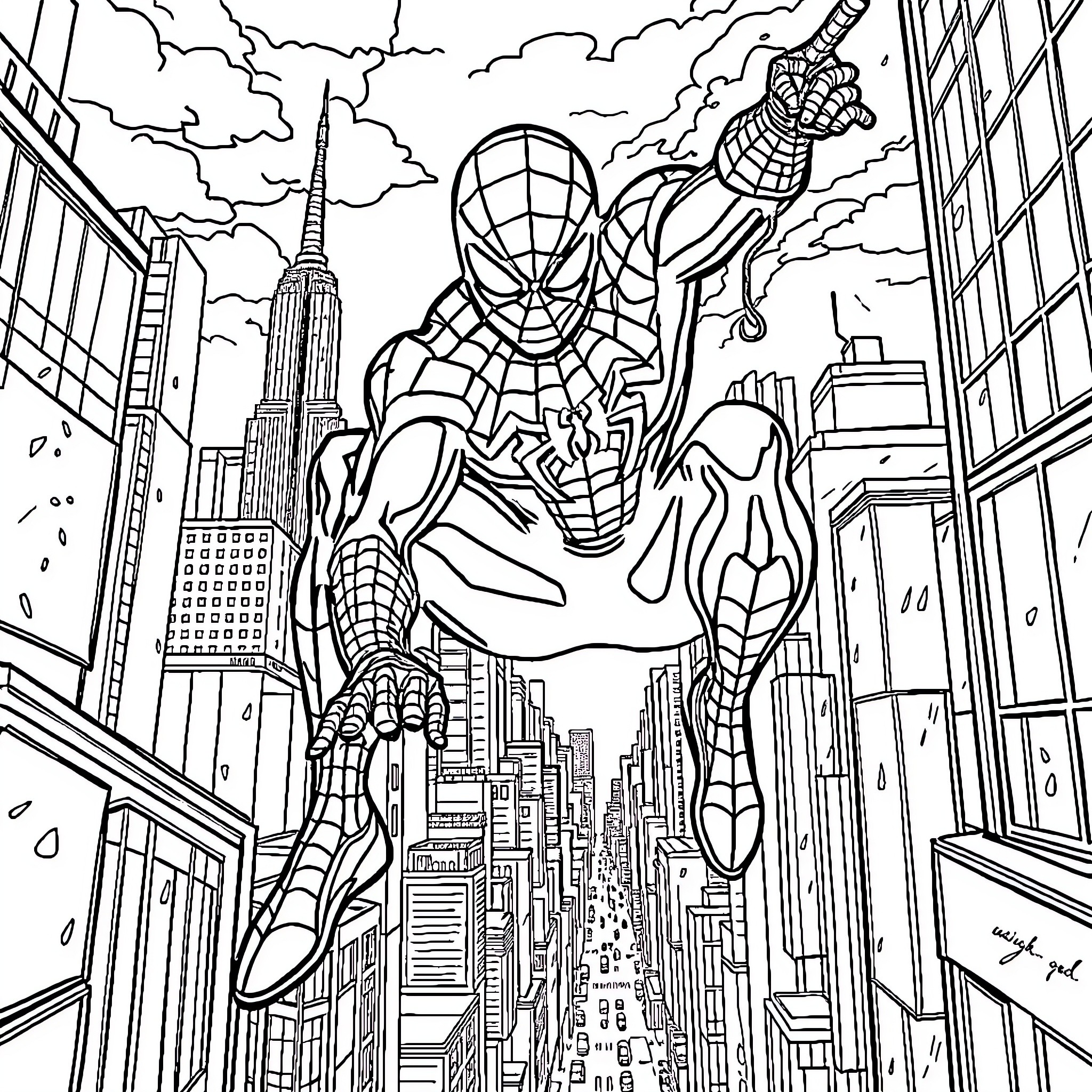 Spider-Man swinging through the city skyline Coloring Page (free black-and-white line drawing printable PDF for all, from beginners to advanced learners, including children, teens, adults, and seniors)