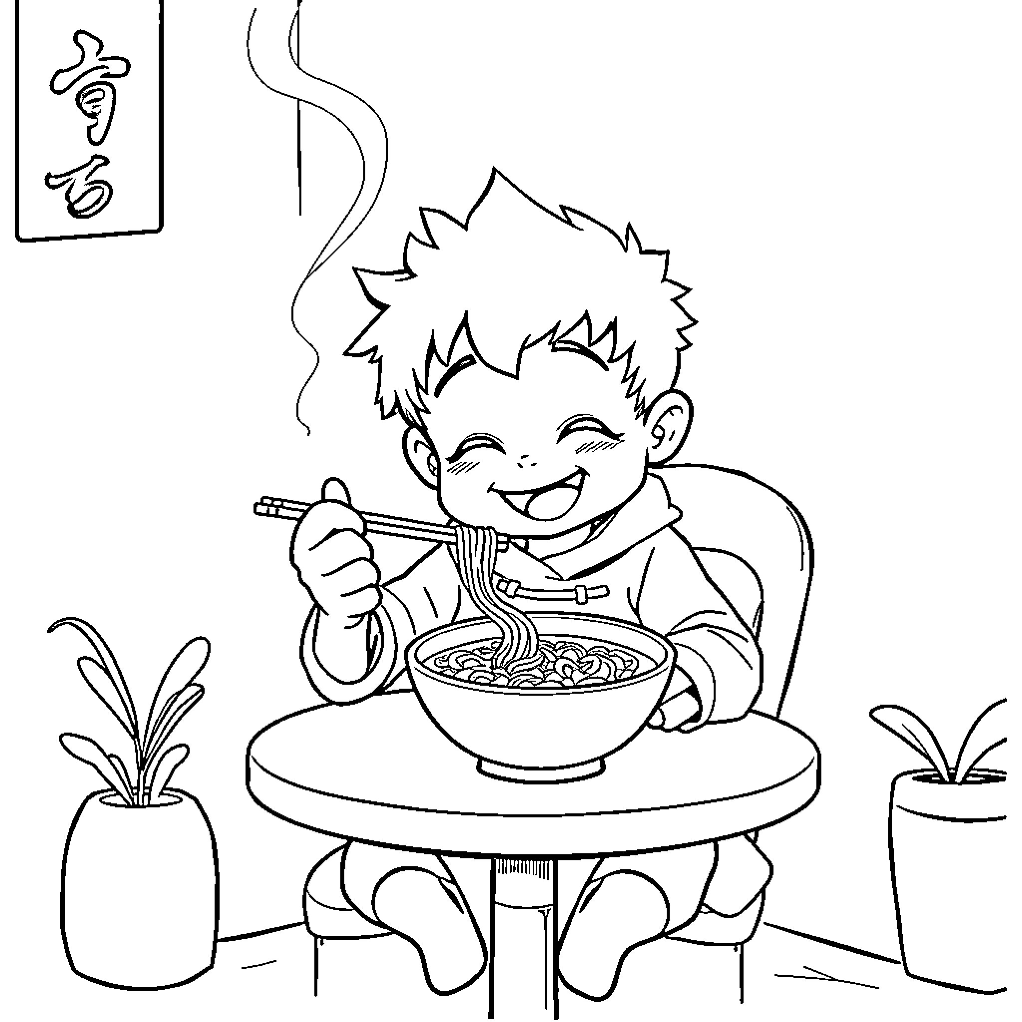 Sonny Angel Happily Enjoying a Bowl of Noodles Coloring Page (free black-and-white line drawing printable PDF for all, from beginners to advanced learners, including children, teens, adults, and seniors)