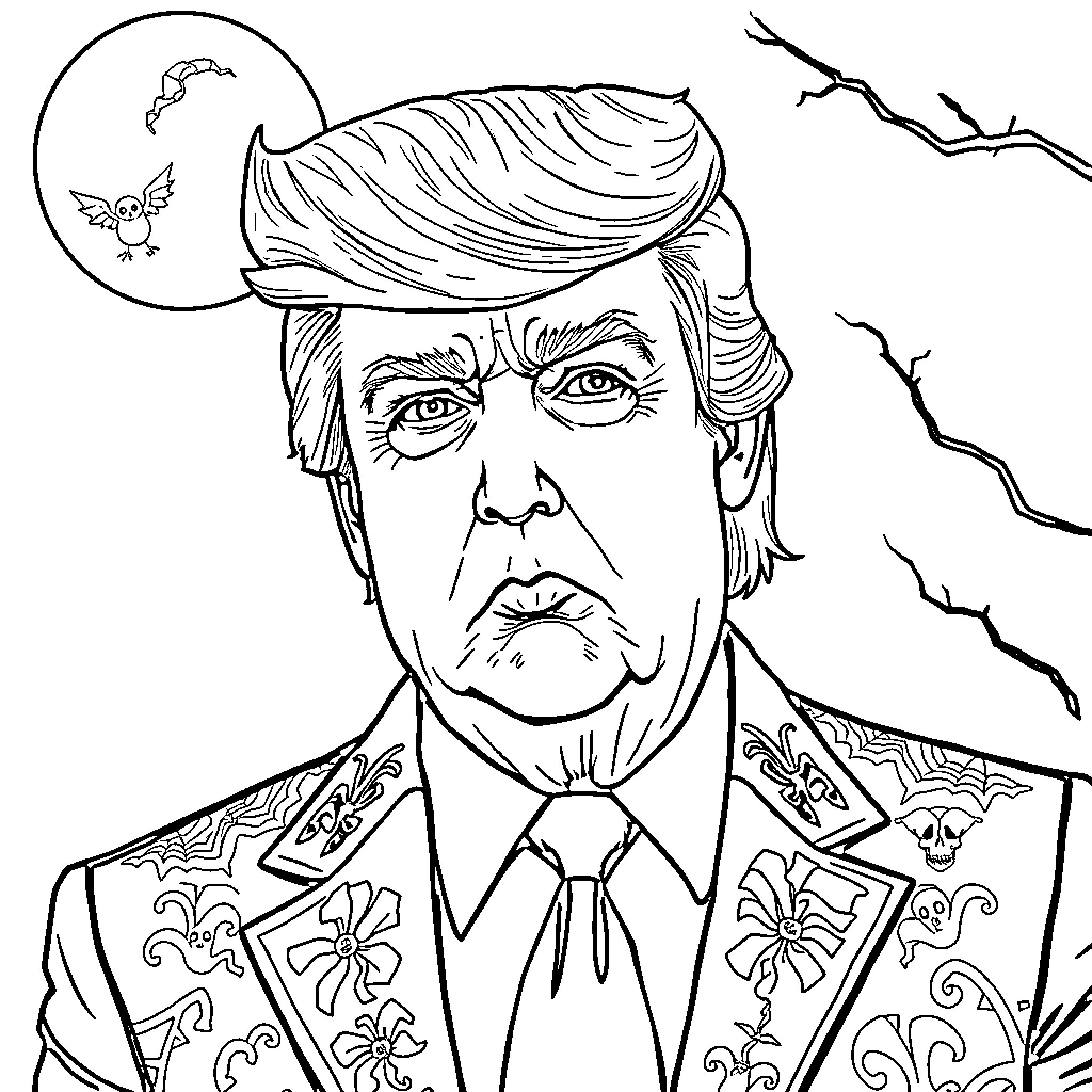 Donald Trump's Serious Expression and Embroidered Jacket Coloring Page (free black-and-white line drawing printable PDF for all, from beginners to advanced learners, including children, teens, adults, and seniors)