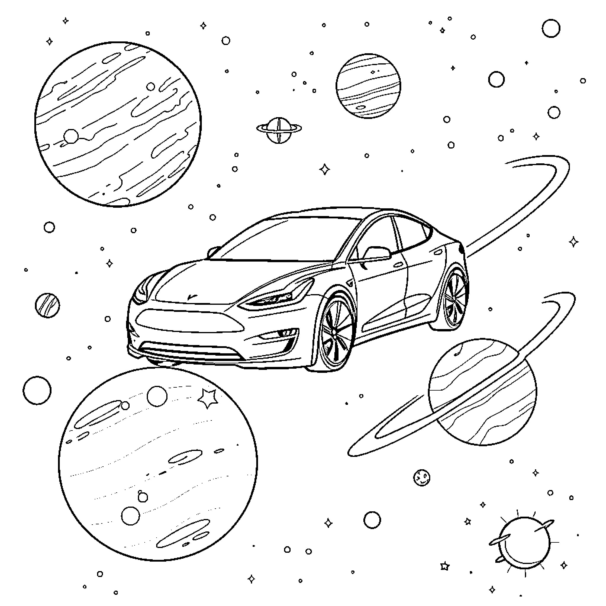 Tesla car traveling through futuristic cosmic landscape Coloring Page (free black-and-white line drawing printable PDF for all, from beginners to advanced learners, including children, teens, adults, and seniors)