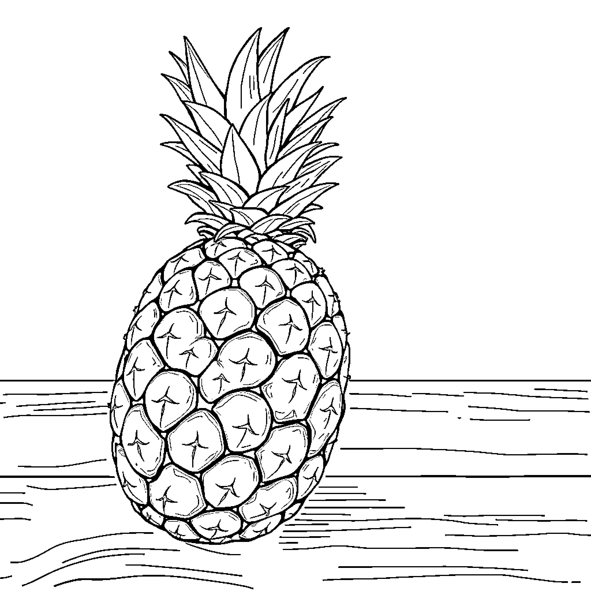 Pineapple on a tropical beach Coloring Page (free black-and-white line drawing printable PDF for all, from beginners to advanced learners, including children, teens, adults, and seniors)