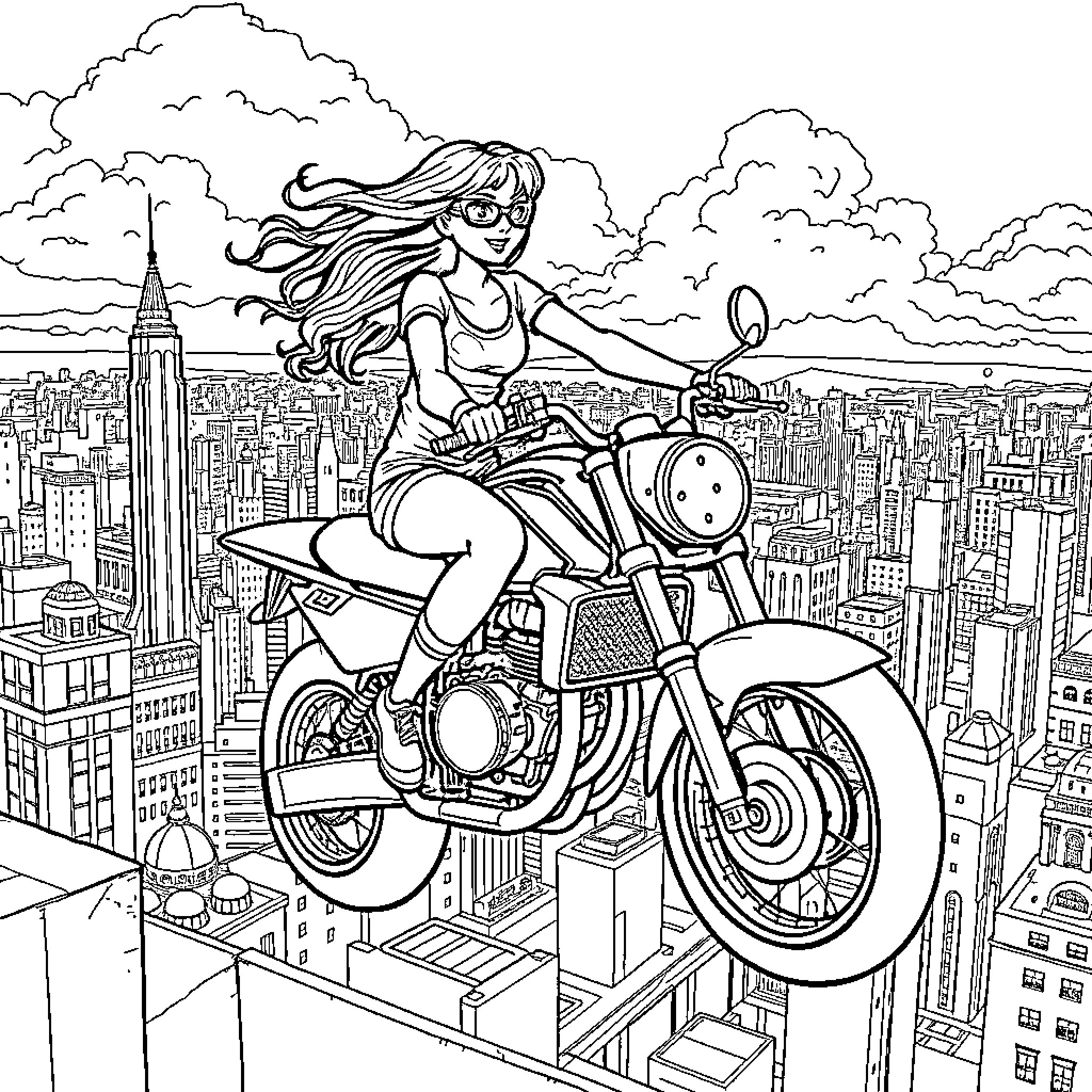 Girl riding motorcycle through city skyline Coloring Page (free black-and-white line drawing printable PDF for all, from beginners to advanced learners, including children, teens, adults, and seniors)