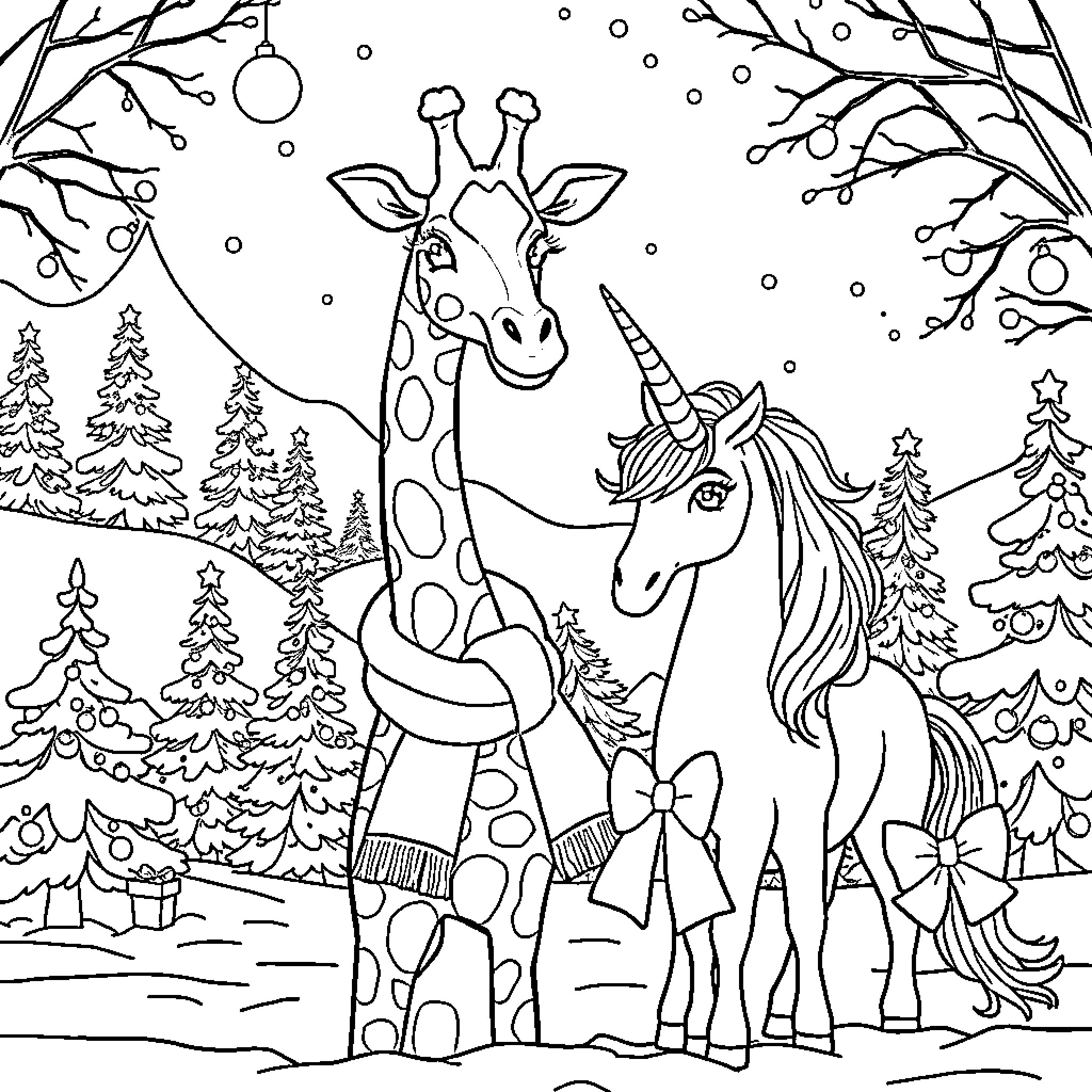 Giraffe and Unicorn in a Snowy Wonderland Coloring Page (free black-and-white line drawing printable PDF for all, from beginners to advanced learners, including children, teens, adults, and seniors)