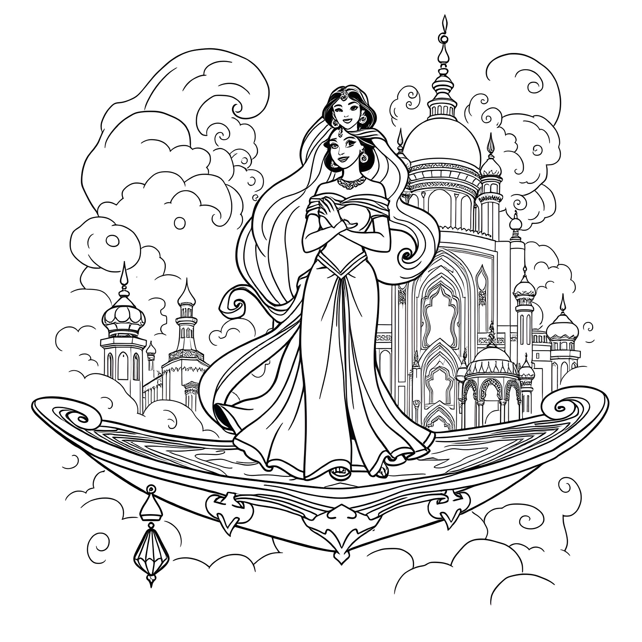 Jasmine's Magical Voyage on a Floating Palace Coloring Page (free black-and-white line drawing printable PDF for all, from beginners to advanced learners, including children, teens, adults, and seniors)