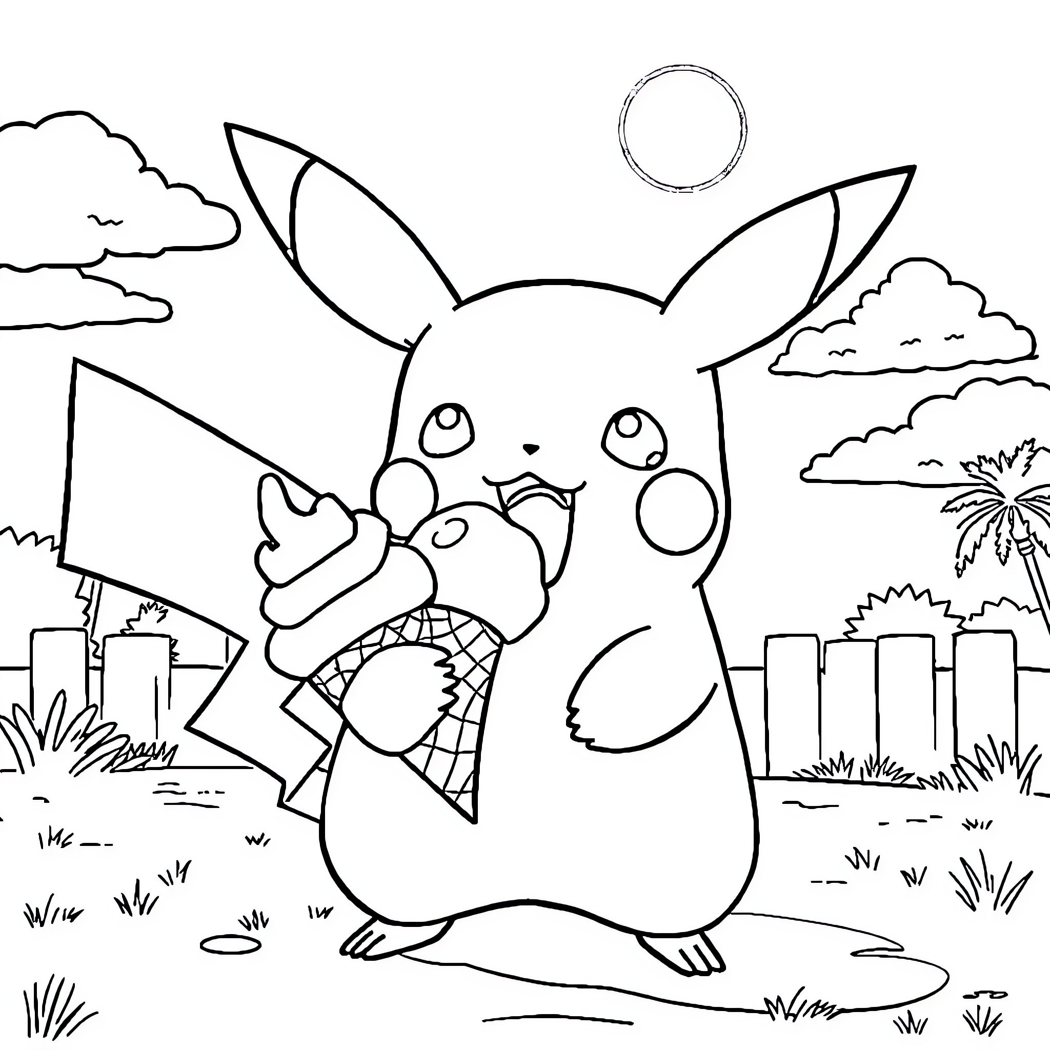 Pikachu enjoying an ice cream on a sunny day Coloring Page (free black-and-white line drawing printable PDF for all, from beginners to advanced learners, including children, teens, adults, and seniors)