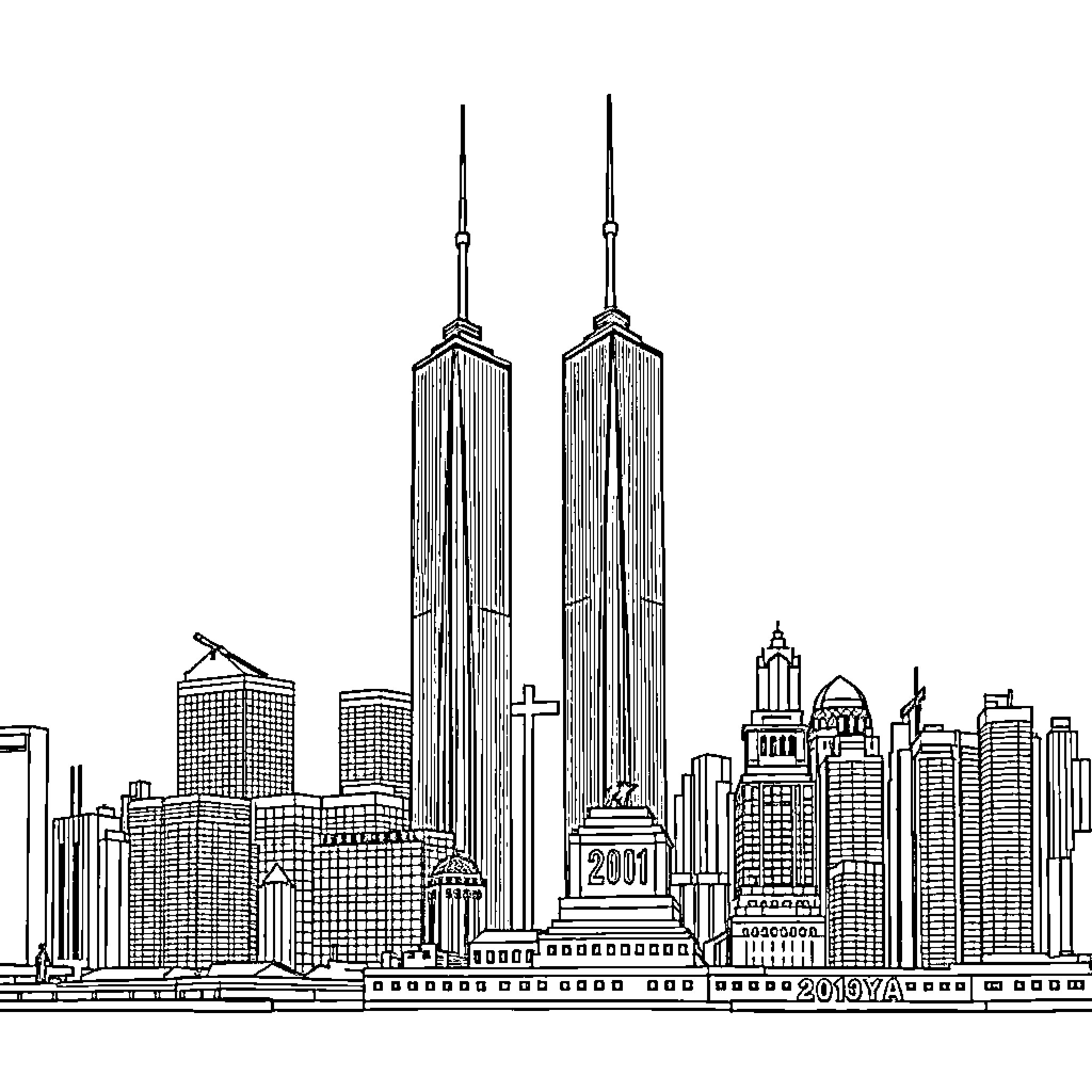 Twin Towers and urban skyline silhouette Coloring Page (free black-and-white line drawing printable PDF for all, from beginners to advanced learners, including children, teens, adults, and seniors)