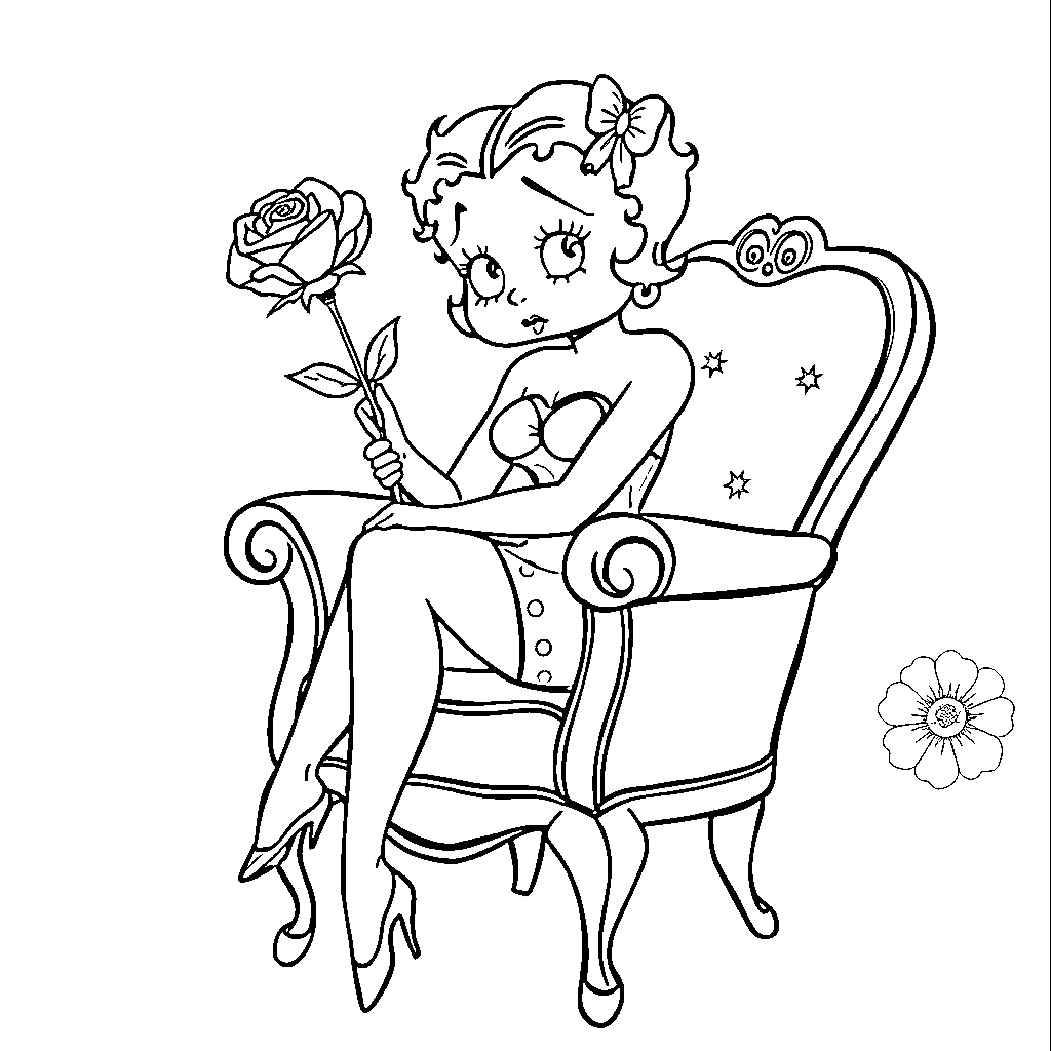 Betty Boop sitting elegantly in an ornate chair Coloring Page (free black-and-white line drawing printable PDF for all, from beginners to advanced learners, including children, teens, adults, and seniors)