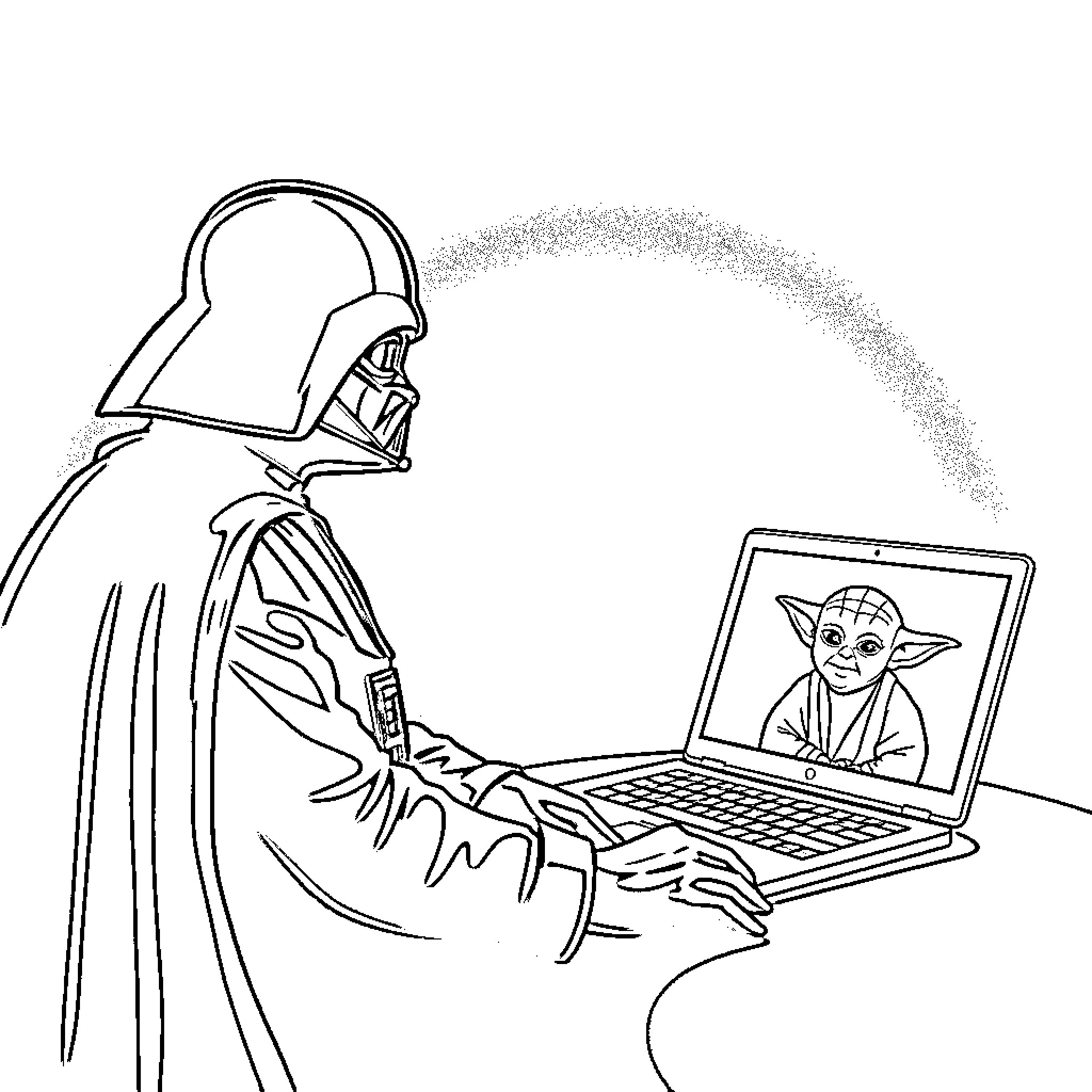Darth Vader interacts with Yoda on a laptop Coloring Page (free black-and-white line drawing printable PDF for all, from beginners to advanced learners, including children, teens, adults, and seniors)