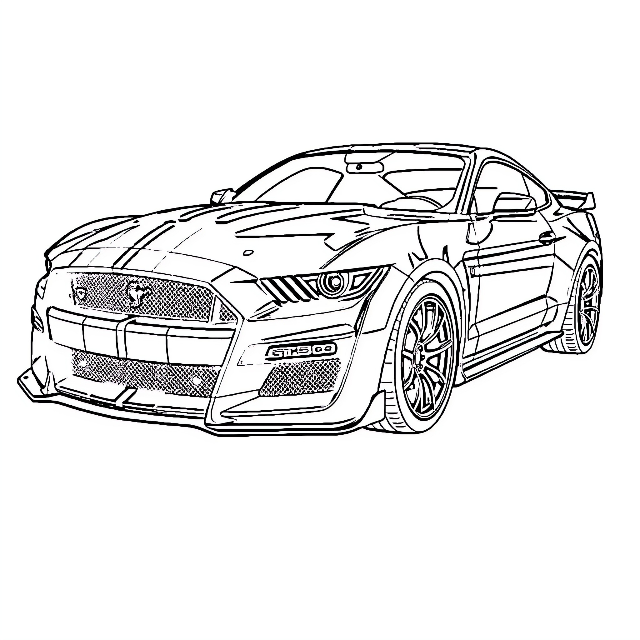 Shelby GT500 high-performance sports car illustration Coloring Page (free black-and-white line drawing printable PDF for all, from beginners to advanced learners, including children, teens, adults, and seniors)
