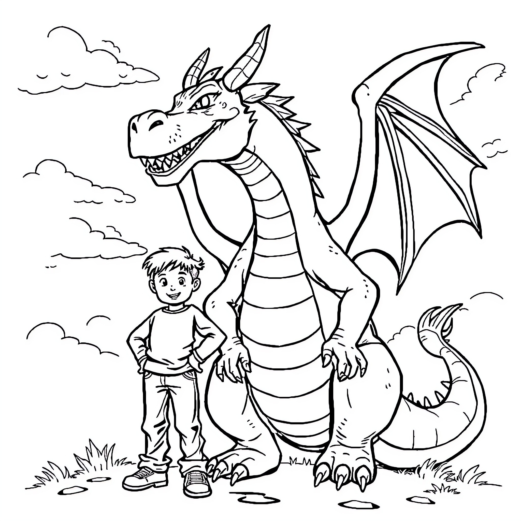 Boy befriends fearsome dragon in enchanted forest Coloring Page (free black-and-white line drawing printable PDF for all, from beginners to advanced learners, including children, teens, adults, and seniors)
