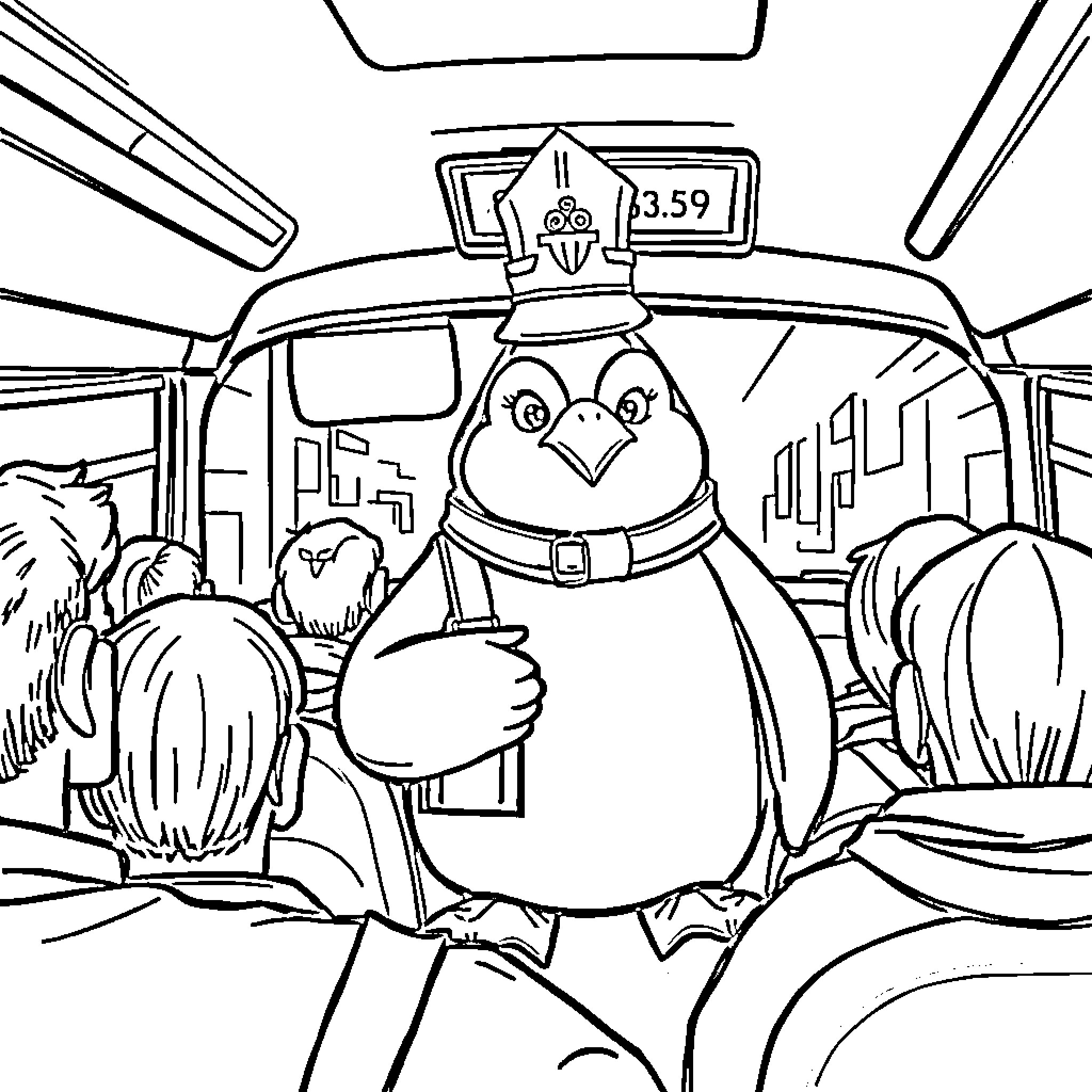 Penguin riding public transportation with passengers Coloring Page (free black-and-white line drawing printable PDF for all, from beginners to advanced learners, including children, teens, adults, and seniors)
