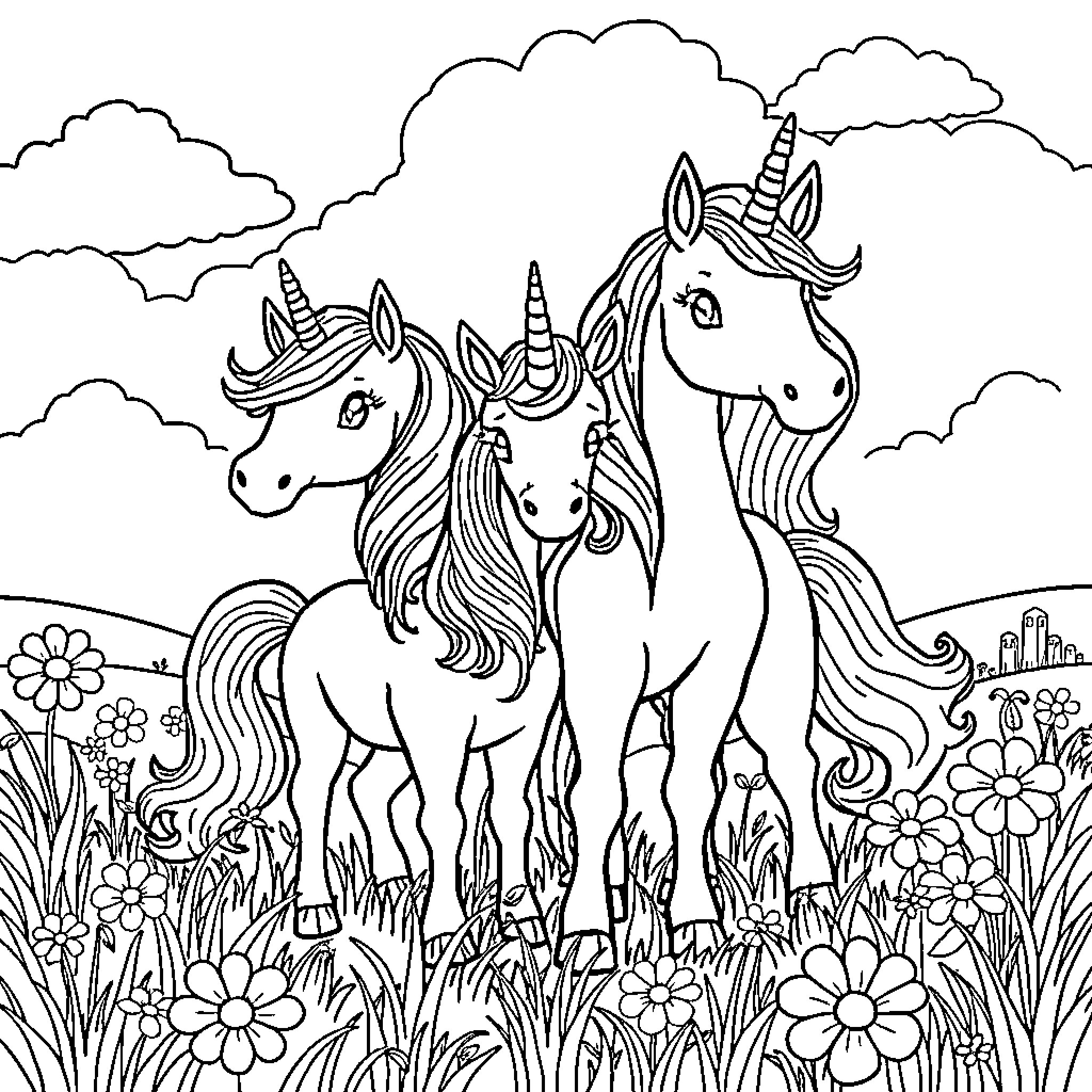 Unicorn family strolling through a flowery field Coloring Page (free black-and-white line drawing printable PDF for all, from beginners to advanced learners, including children, teens, adults, and seniors)