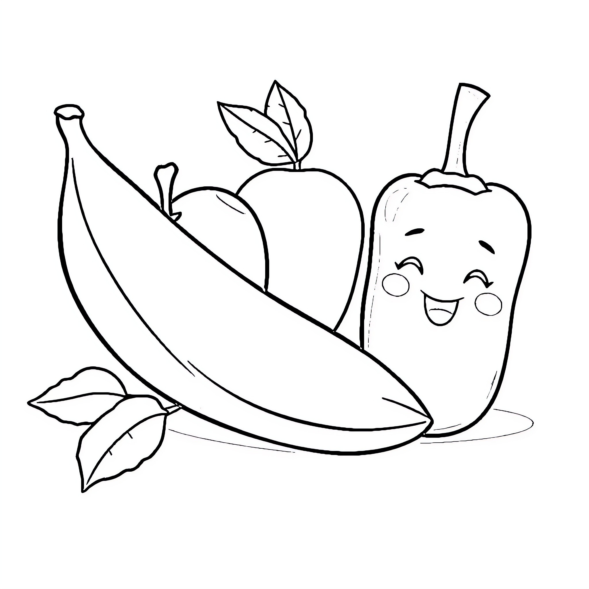 Fruit Friends Sharing a Cheerful Moment Coloring Page (free black-and-white line drawing printable PDF for all, from beginners to advanced learners, including children, teens, adults, and seniors)