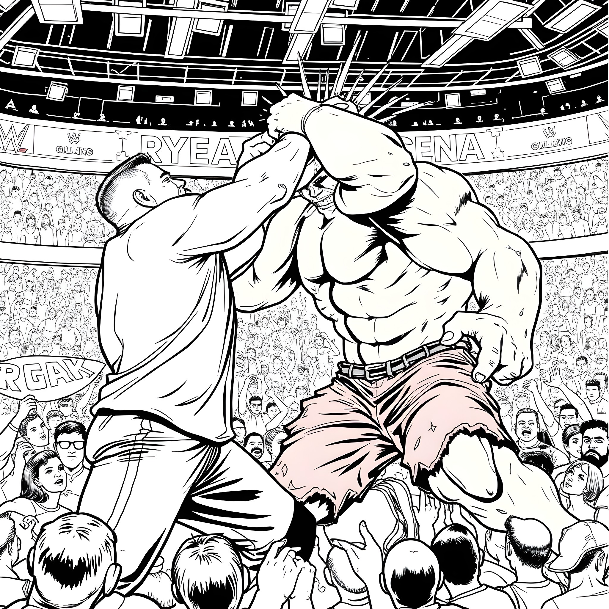 John Cena battling a muscular opponent in a packed wrestling arena Coloring Page (free black-and-white line drawing printable PDF for all, from beginners to advanced learners, including children, teens, adults, and seniors)