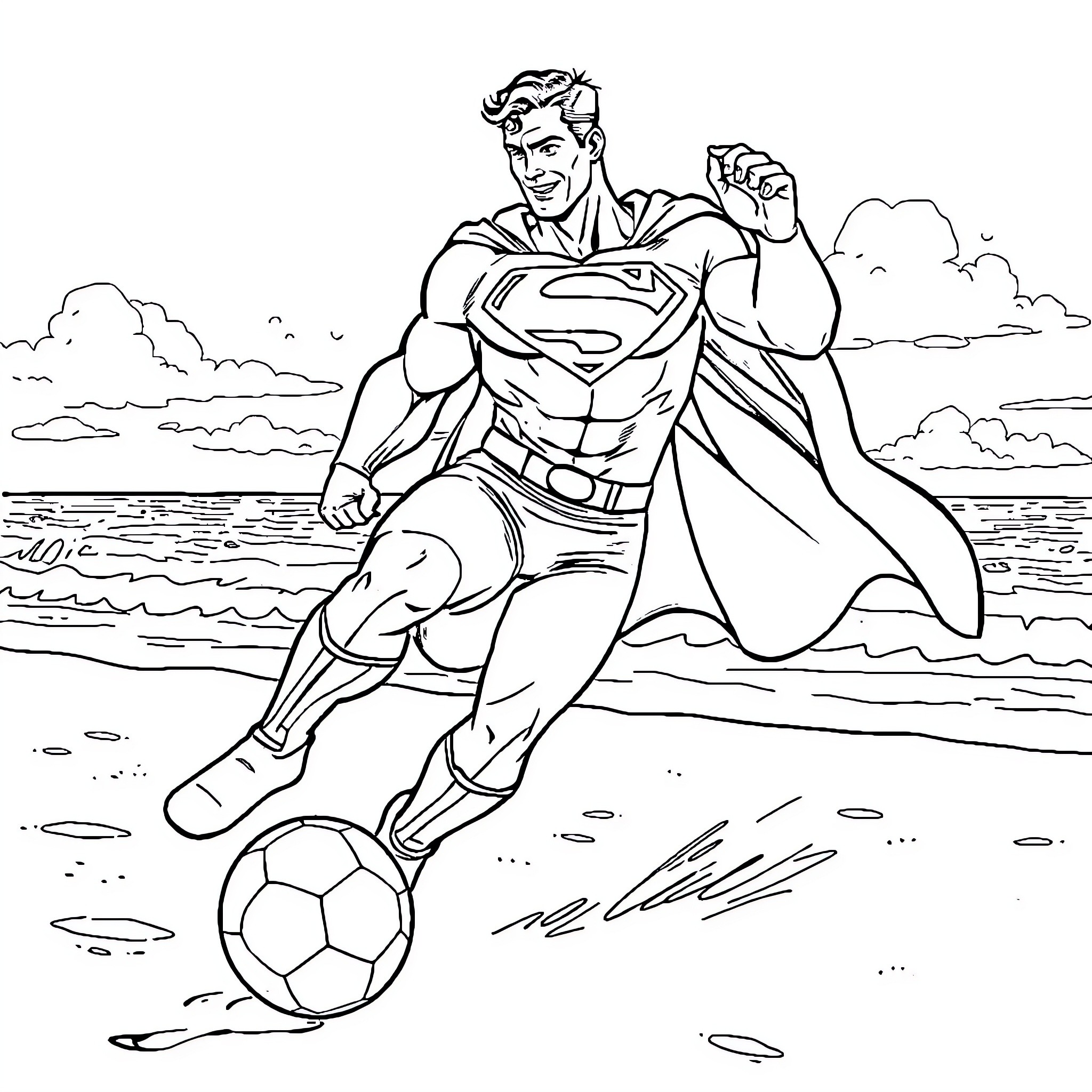 Superman playing soccer on the beach Coloring Page (free black-and-white line drawing printable PDF for all, from beginners to advanced learners, including children, teens, adults, and seniors)
