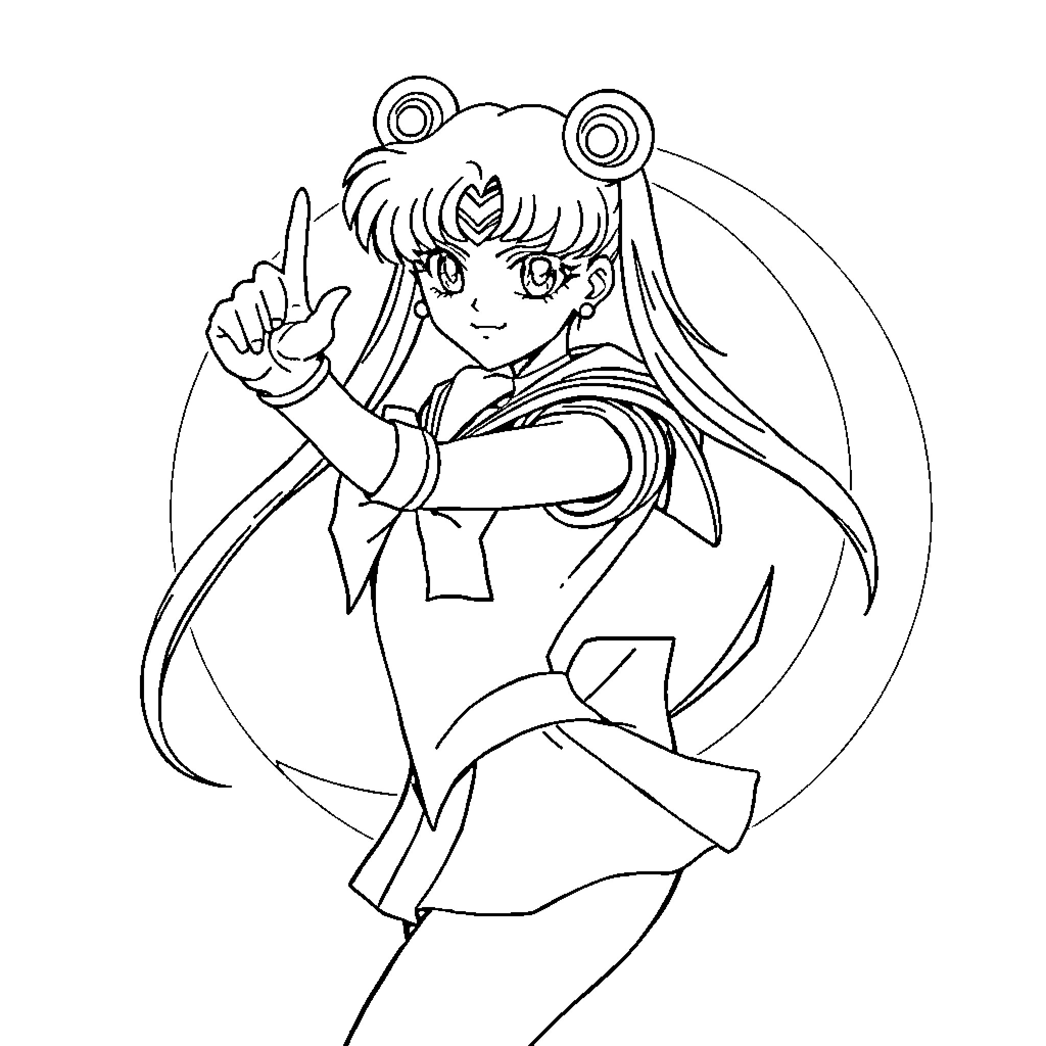 Sailor Moon Posing in Iconic Outfit Coloring Page (free black-and-white line drawing printable PDF for all, from beginners to advanced learners, including children, teens, adults, and seniors)